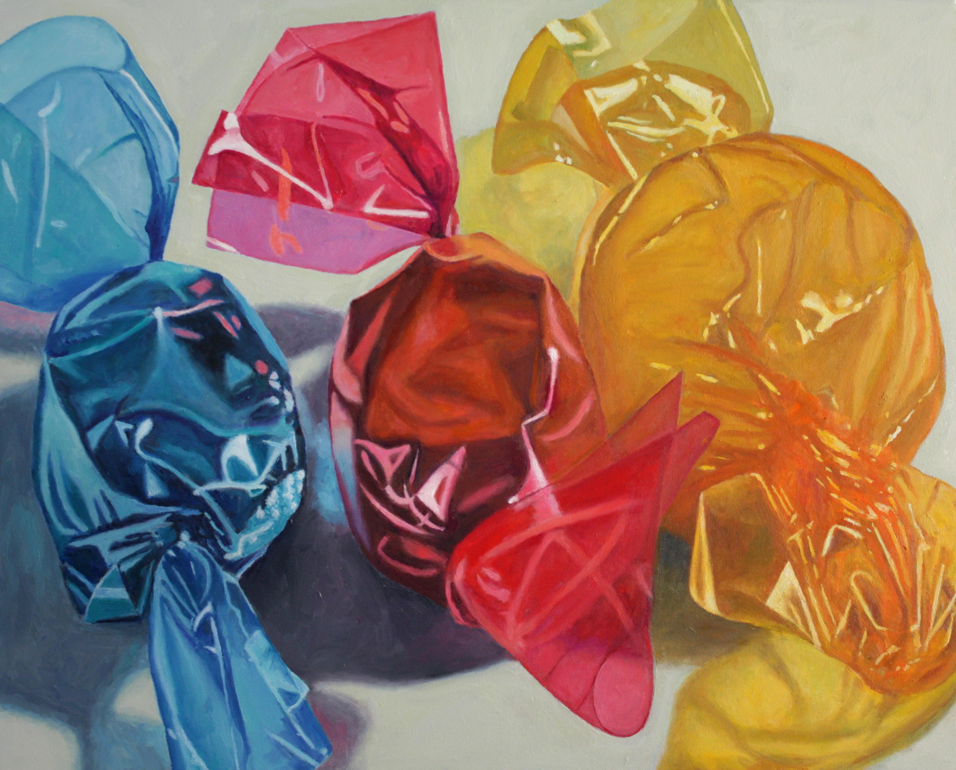 Triad, colorful super realistic still life oil of candy - Painting by Douglas Newton