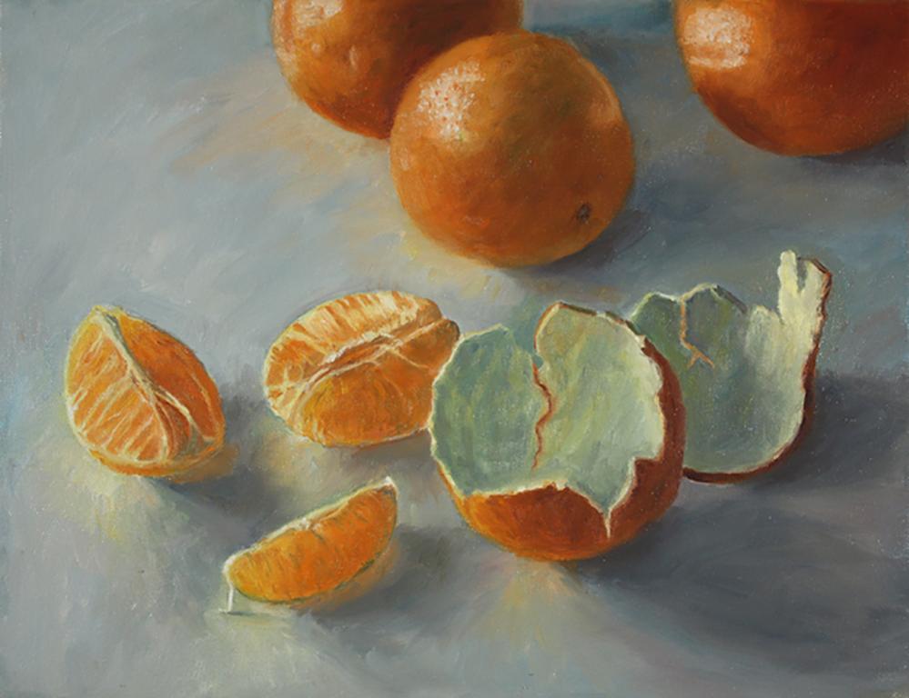 Douglas Newton Still-Life Painting - Valencias, realistic contemporary still life, grey and orange