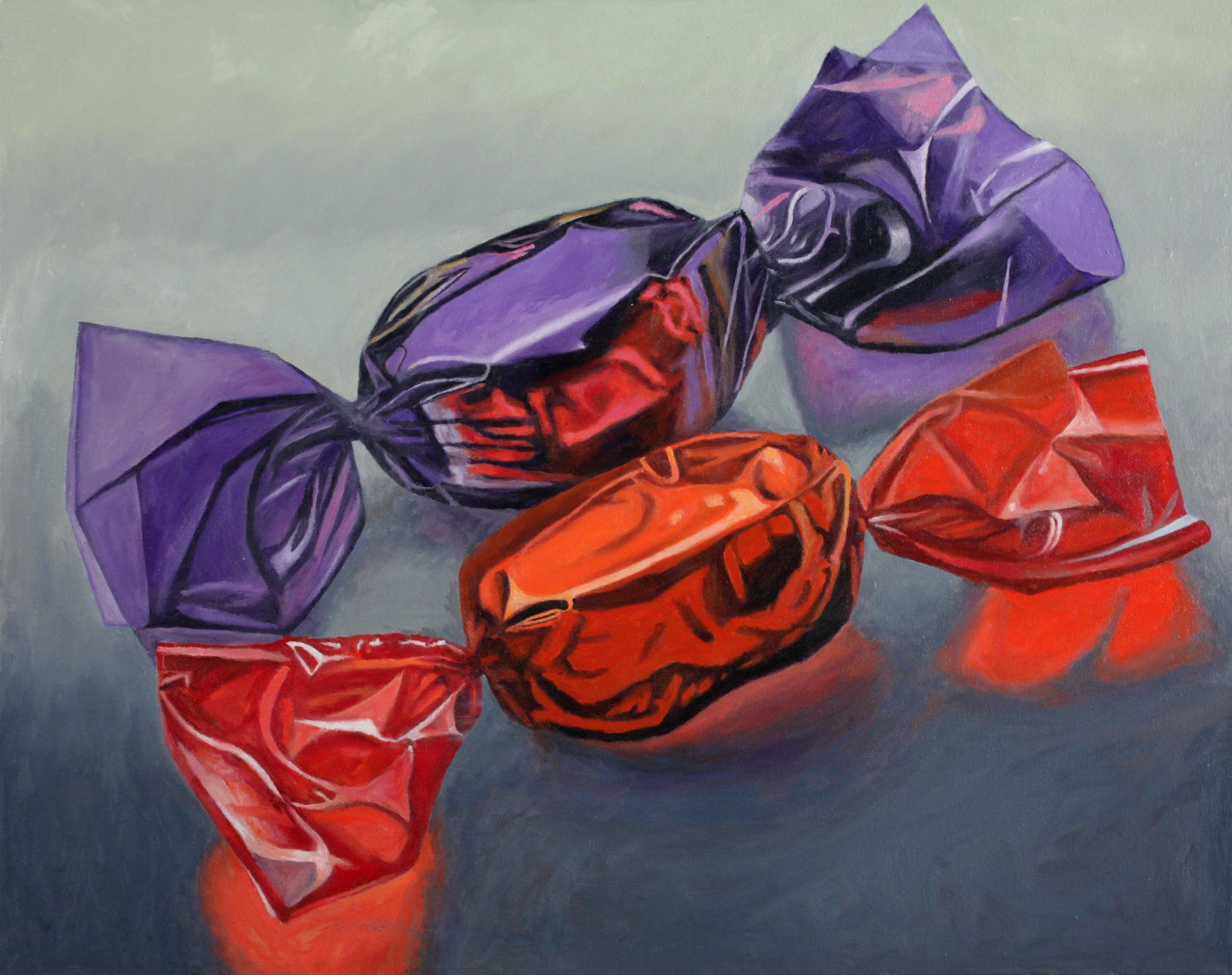 Douglas Newton Still-Life Painting - Violet and Red, bright colors, super realistic wrapped candy 