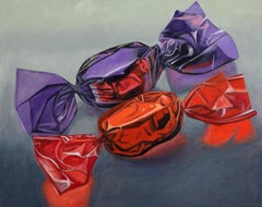 Violet and Red, bright colors, super realistic wrapped candy 