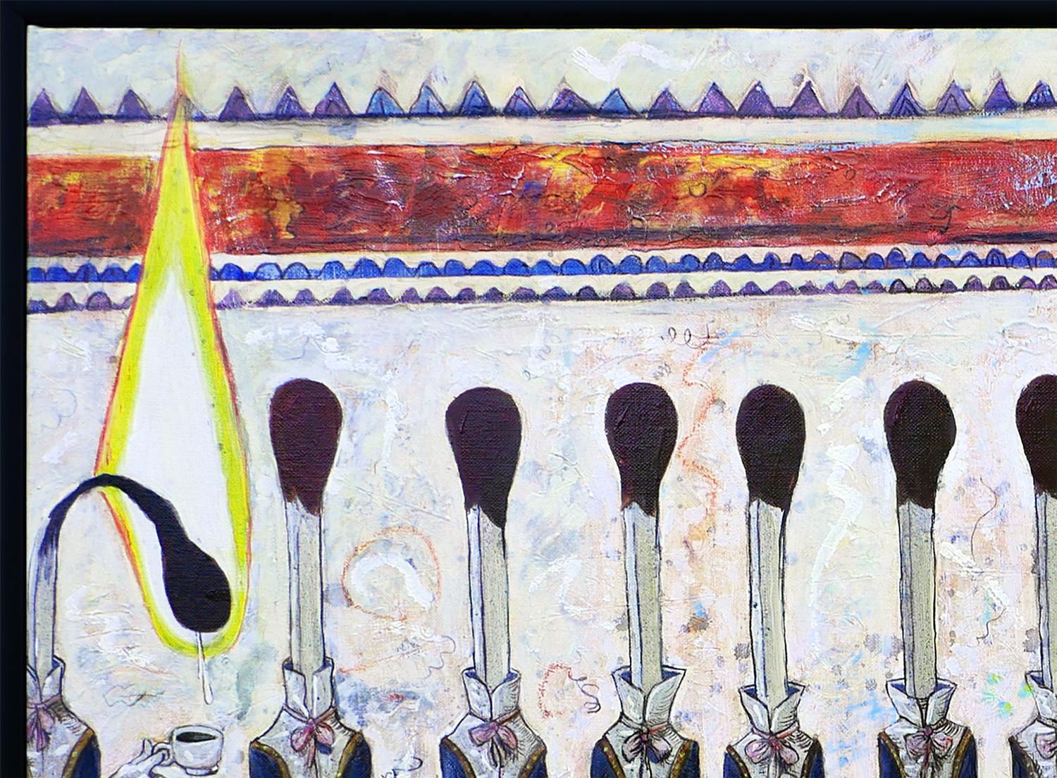 Figurative surrealist oil painting by Cuban artist Douglas Perez Castro. This painting depicts a scene with several figures with matches as heads dressed as servers. All figures are similar in composition and color with slight differences in hand