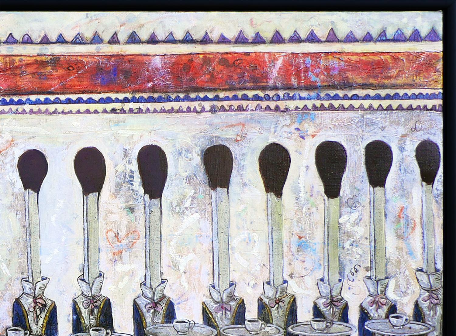 Óleo figurativo surrealista del artista cubano Douglas Pérez Castro. Este cuadro representa una escena con varias figuras con cerillas como cabezas vestidas de servidores. Todas las figuras son similares en composición y color, con ligeras