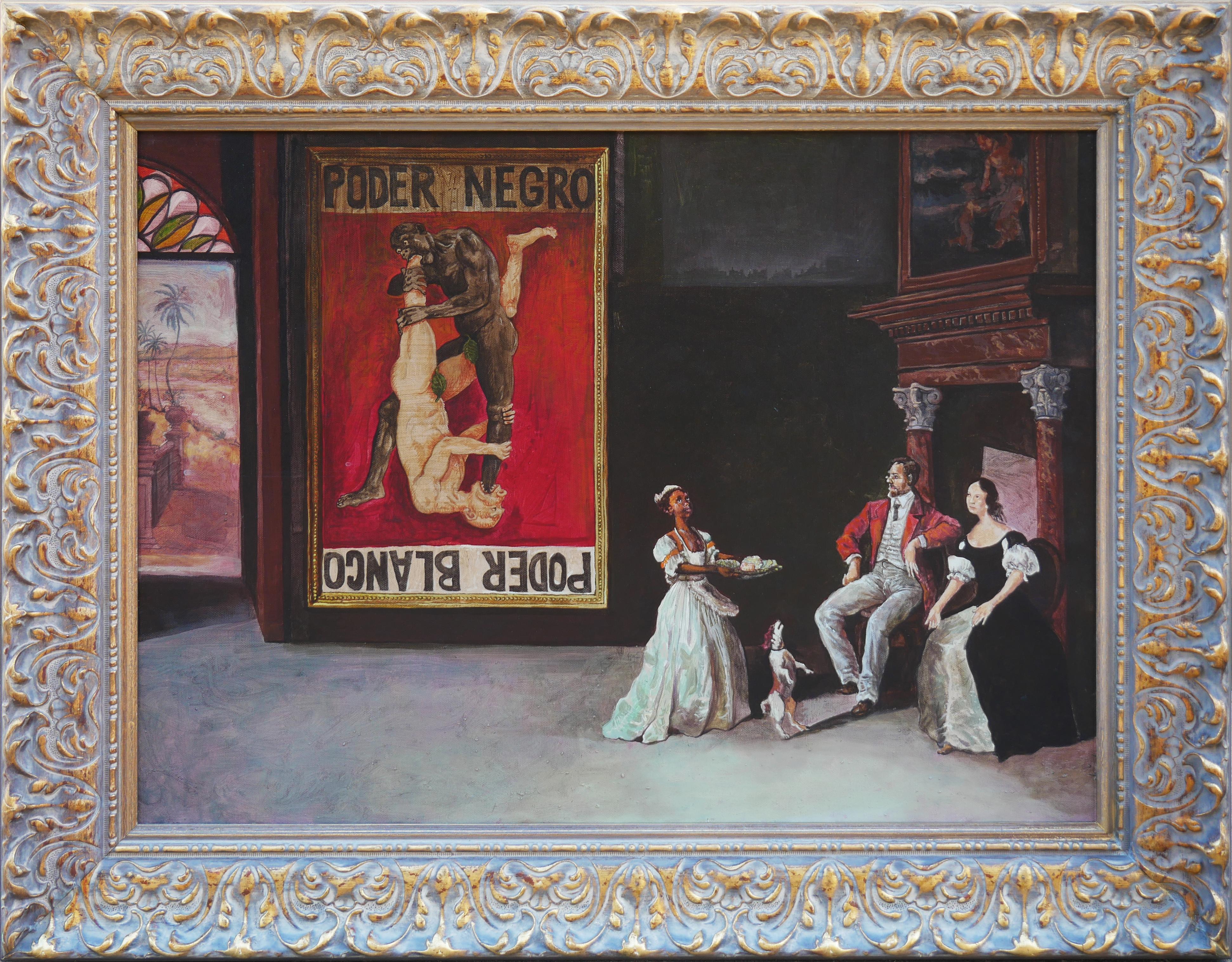 Zeitgenössisches realistisches, figuratives, rot getöntes Sozial commentary-Gemälde „Poderes“