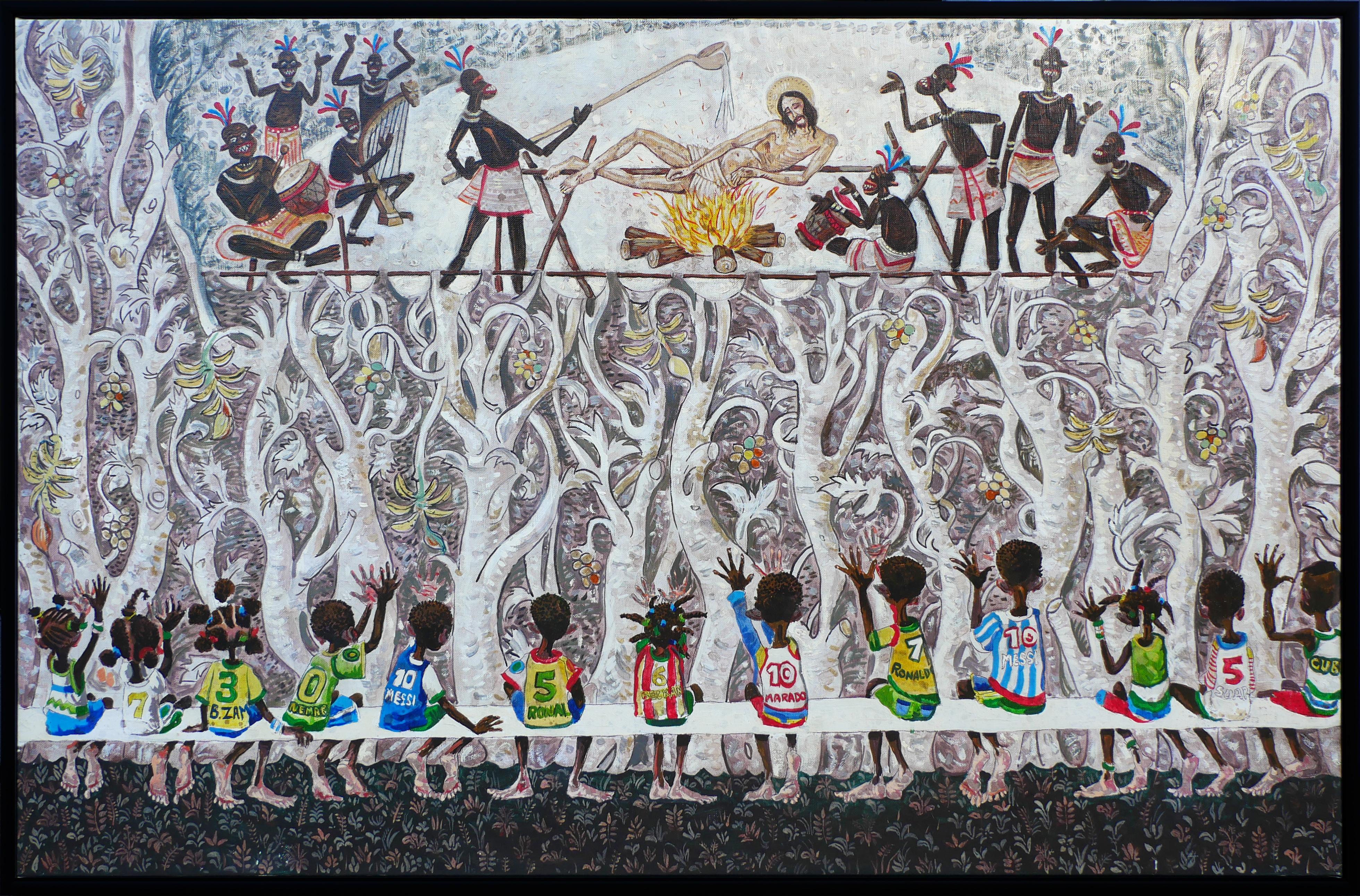 Figurative Painting de Douglas Perez Castro - "Sano Entretenimiento II" Pintura surrealista contemporánea de comentario social