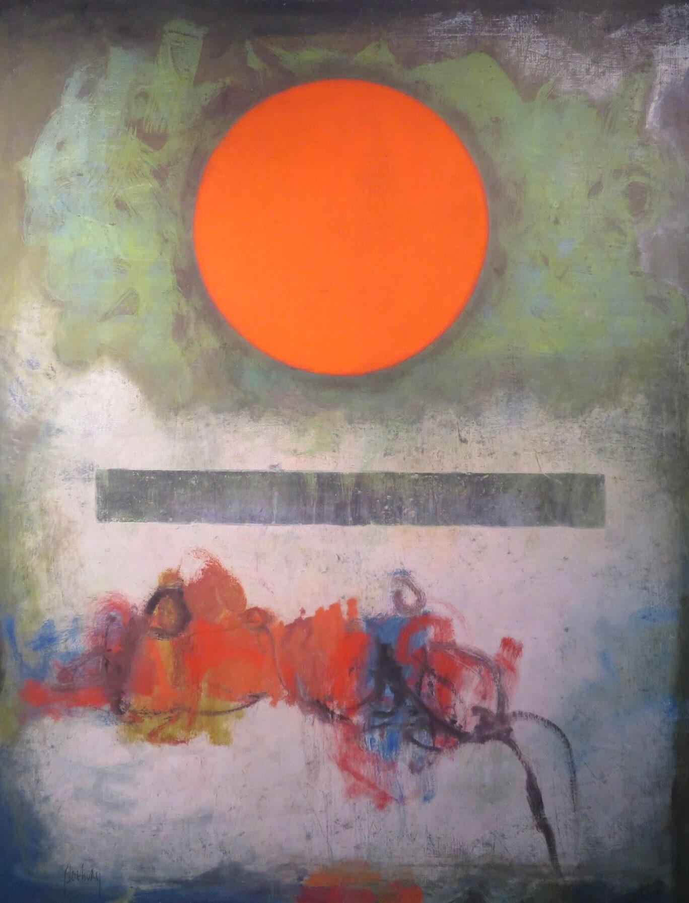 LARGE signed MID 20th CENTURY ABSTRACT Oil Painting by Douglas Portway 'RED SUN