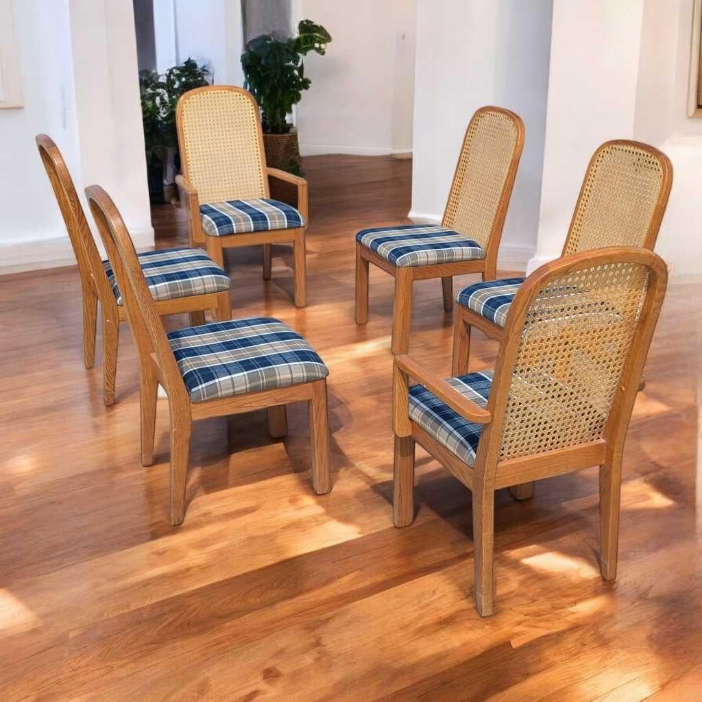 Sedie da pranzo Douglas postmoderne con schienale a canne, tappezzate di blu, set di 6, anni '80 in vendita 4