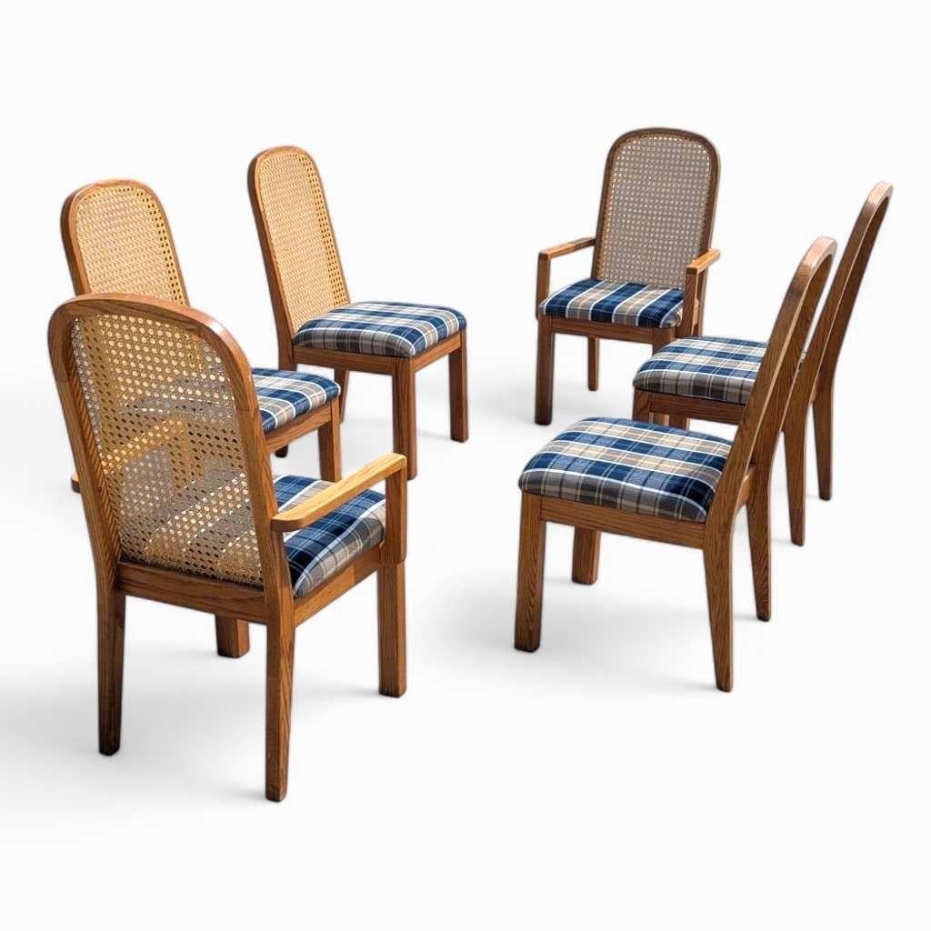 Sedie da pranzo Douglas postmoderne con schienale a canne, tappezzate di blu, set di 6, anni '80 in vendita 5