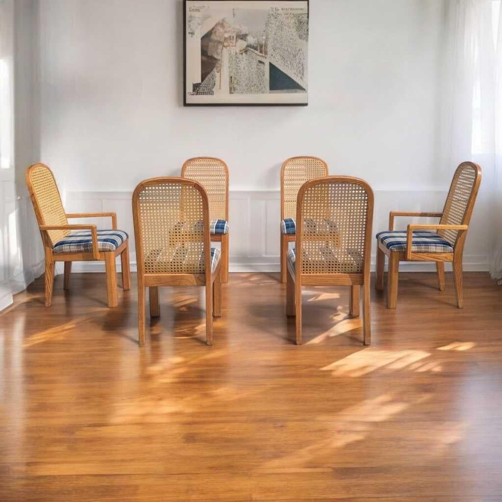 Sedie da pranzo Douglas postmoderne con schienale a canne, tappezzate di blu, set di 6, anni '80 in vendita 7