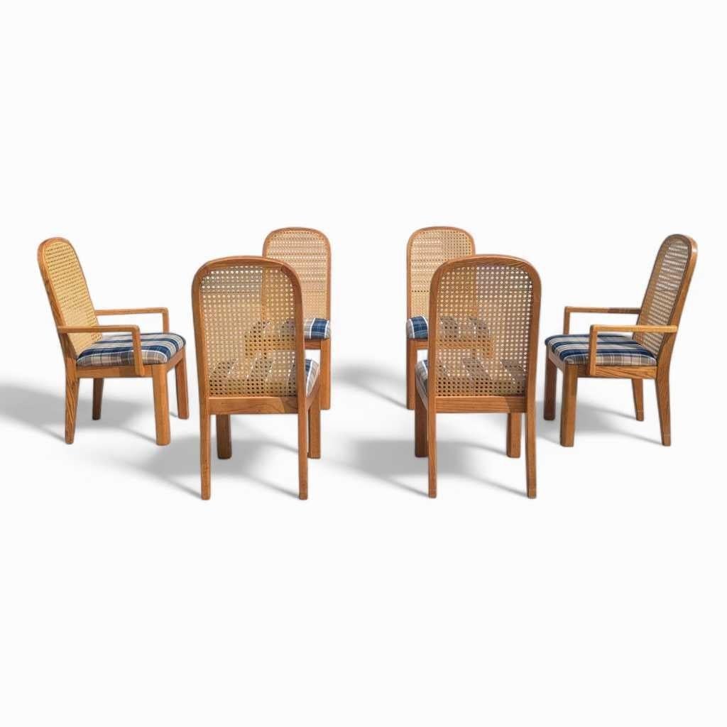 Sedie da pranzo Douglas postmoderne con schienale a canne, tappezzate di blu, set di 6, anni '80 in vendita 10