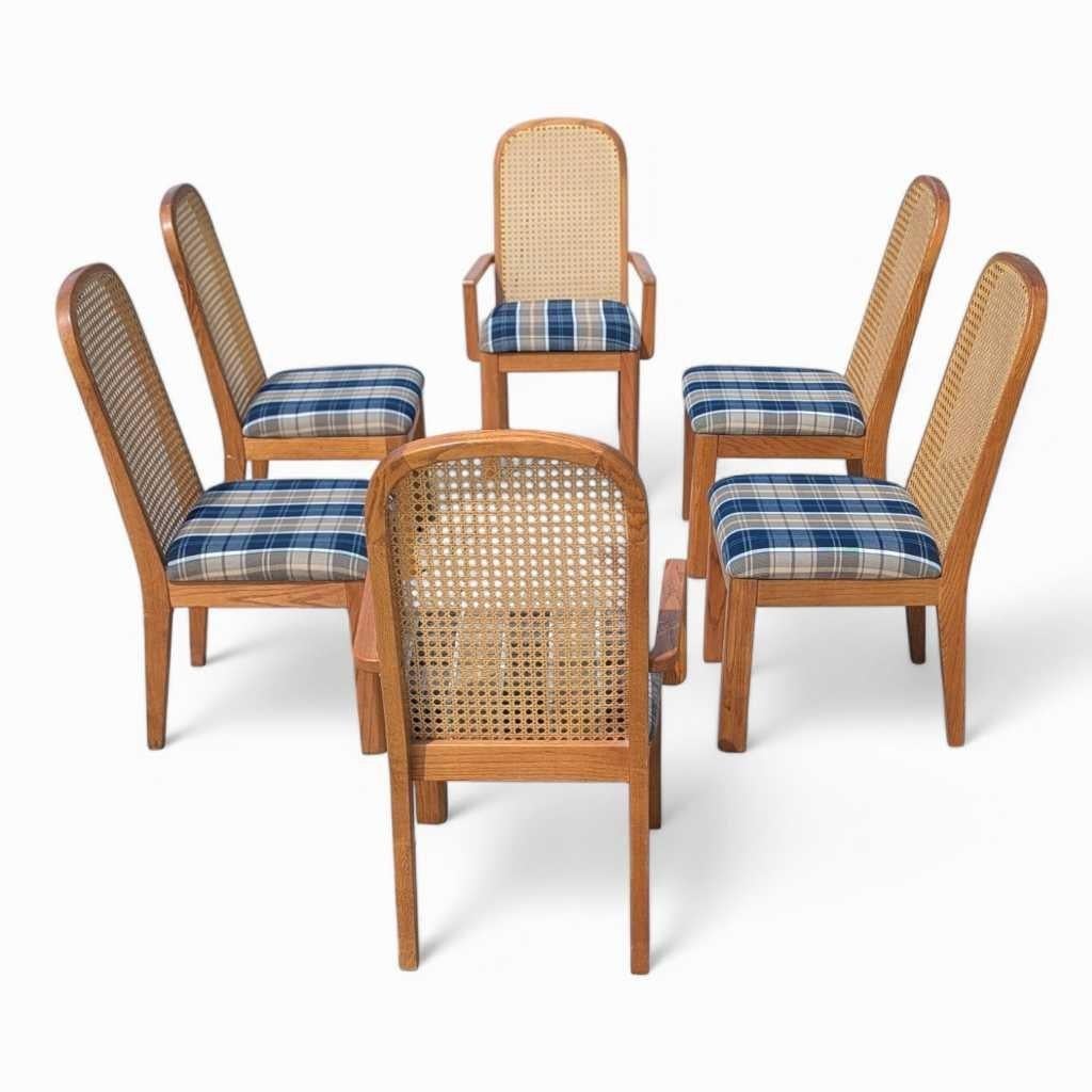 Sedie da pranzo Douglas postmoderne con schienale a canne, tappezzate di blu, set di 6, anni '80 in vendita 11