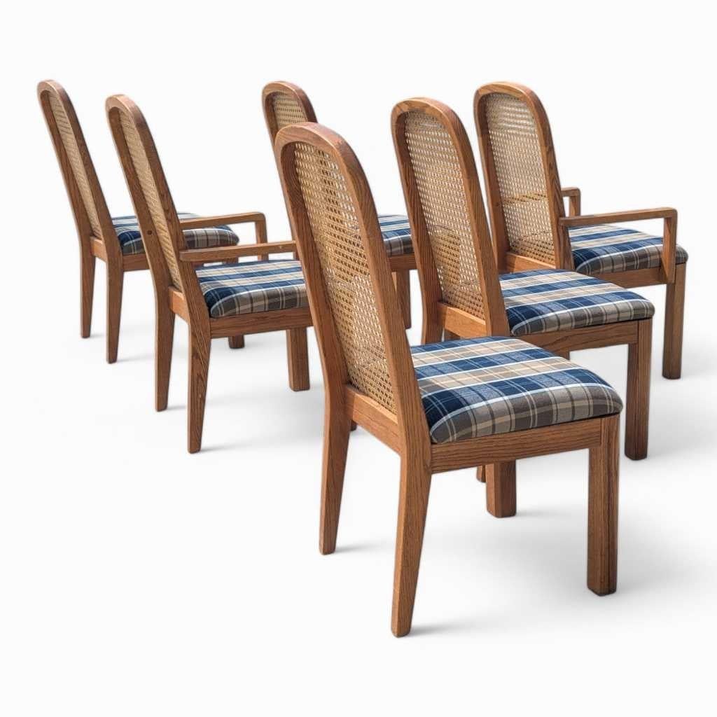 Americano Sedie da pranzo Douglas postmoderne con schienale a canne, tappezzate di blu, set di 6, anni '80 in vendita