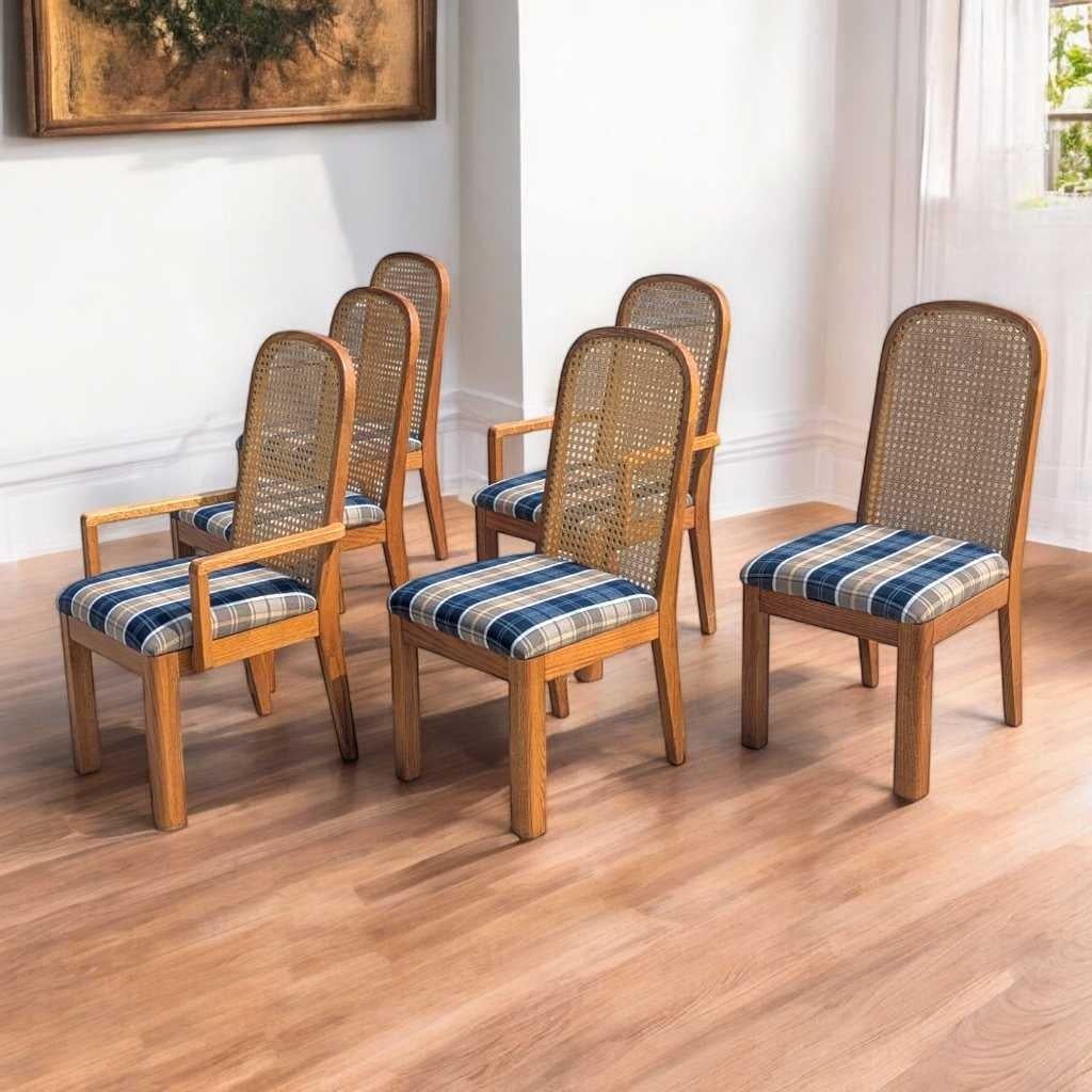 XX secolo Sedie da pranzo Douglas postmoderne con schienale a canne, tappezzate di blu, set di 6, anni '80 in vendita