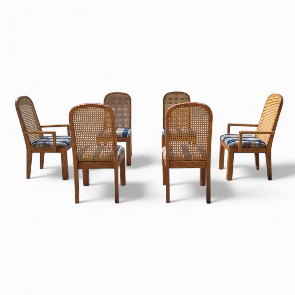 Tappezzeria Sedie da pranzo Douglas postmoderne con schienale a canne, tappezzate di blu, set di 6, anni '80 in vendita
