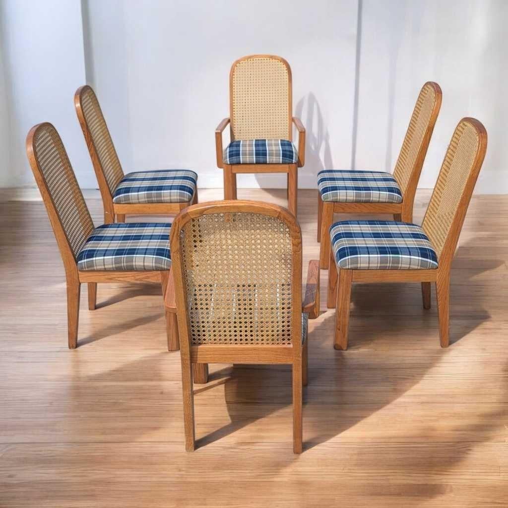 Sedie da pranzo Douglas postmoderne con schienale a canne, tappezzate di blu, set di 6, anni '80 in vendita 1