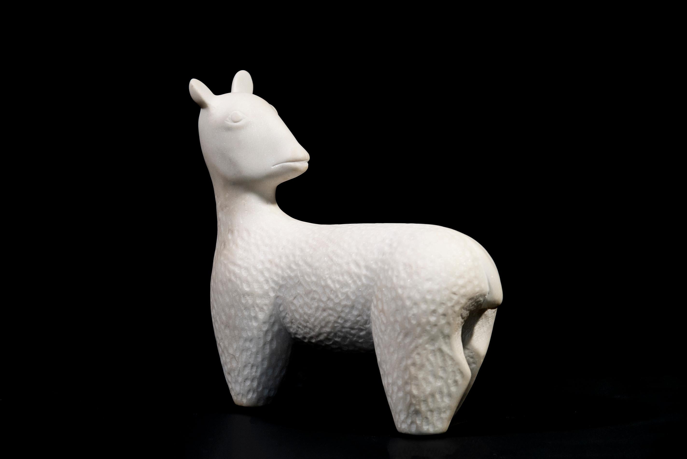 Capra - smooth, white, figurative, animal, Carrera marble sculpture - Contemporary Sculpture by Douglas Robinson