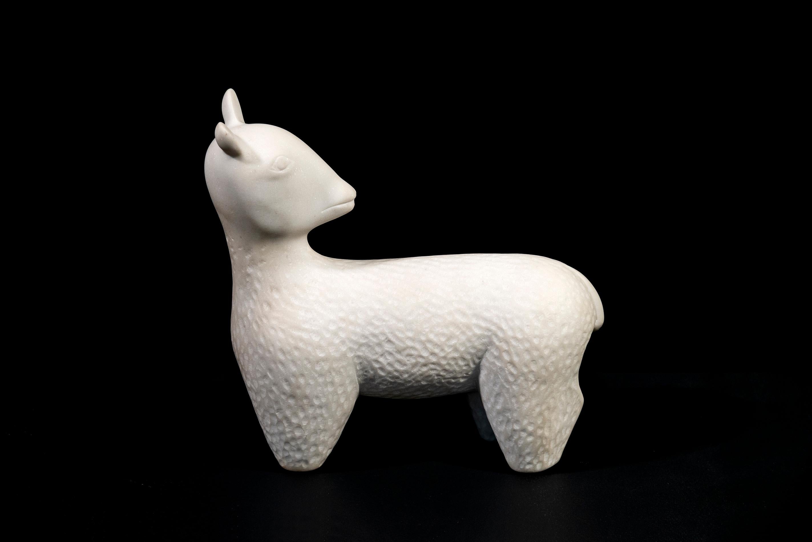 Capra - smooth, white, figurative, animal, Carrera marble sculpture - Sculpture by Douglas Robinson