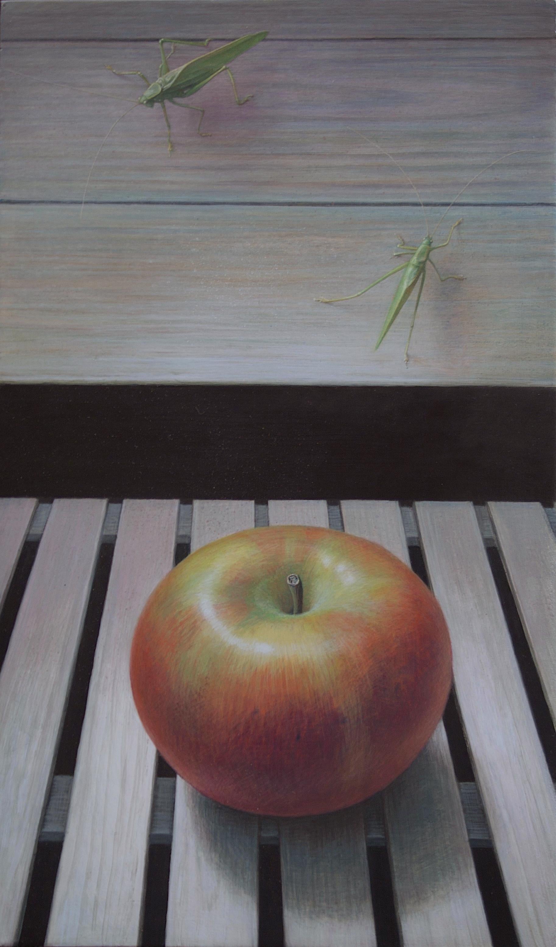 Douglas Safranek Still-Life Painting - Apple and Katydids, surreal egg tempera still life nature painting