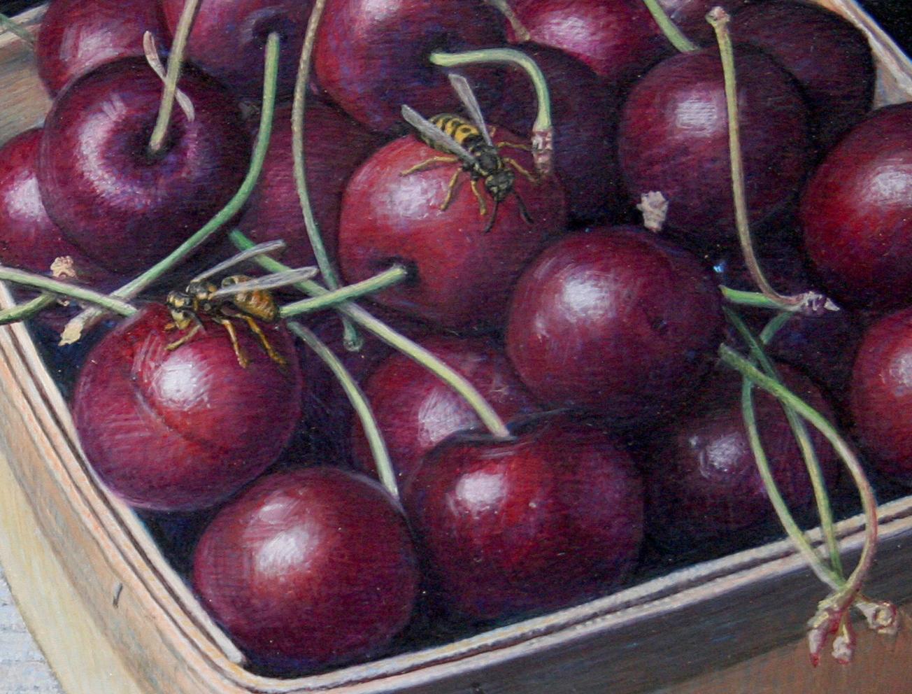 Bing Cherries in a Pint Basket, surreal egg tempera still life painting, 2020 - Painting by Douglas Safranek