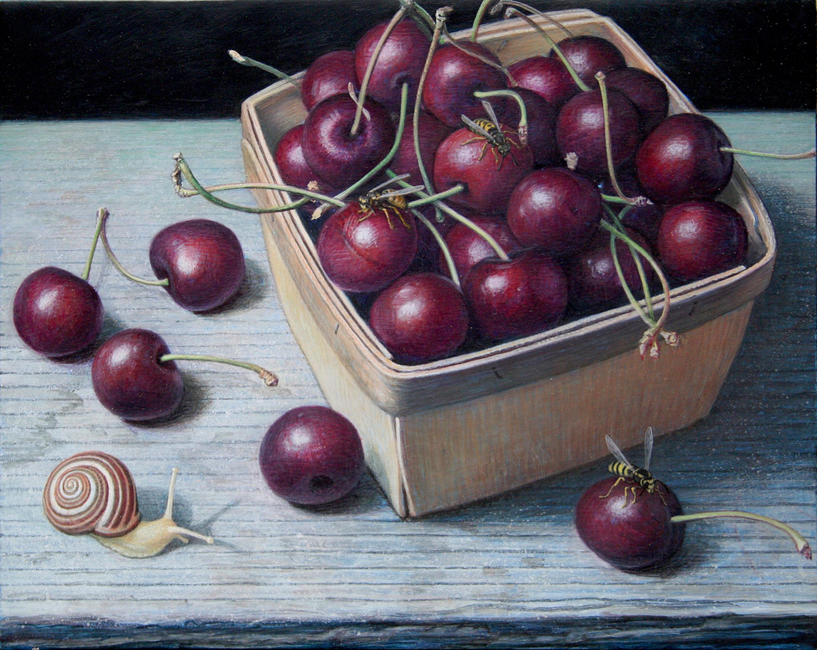 Douglas Safranek Animal Painting - Bing Cherries in a Pint Basket, surreal egg tempera still life painting, 2020