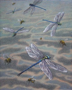 Hovering, surrealist egg tempera insect and skyscape painting