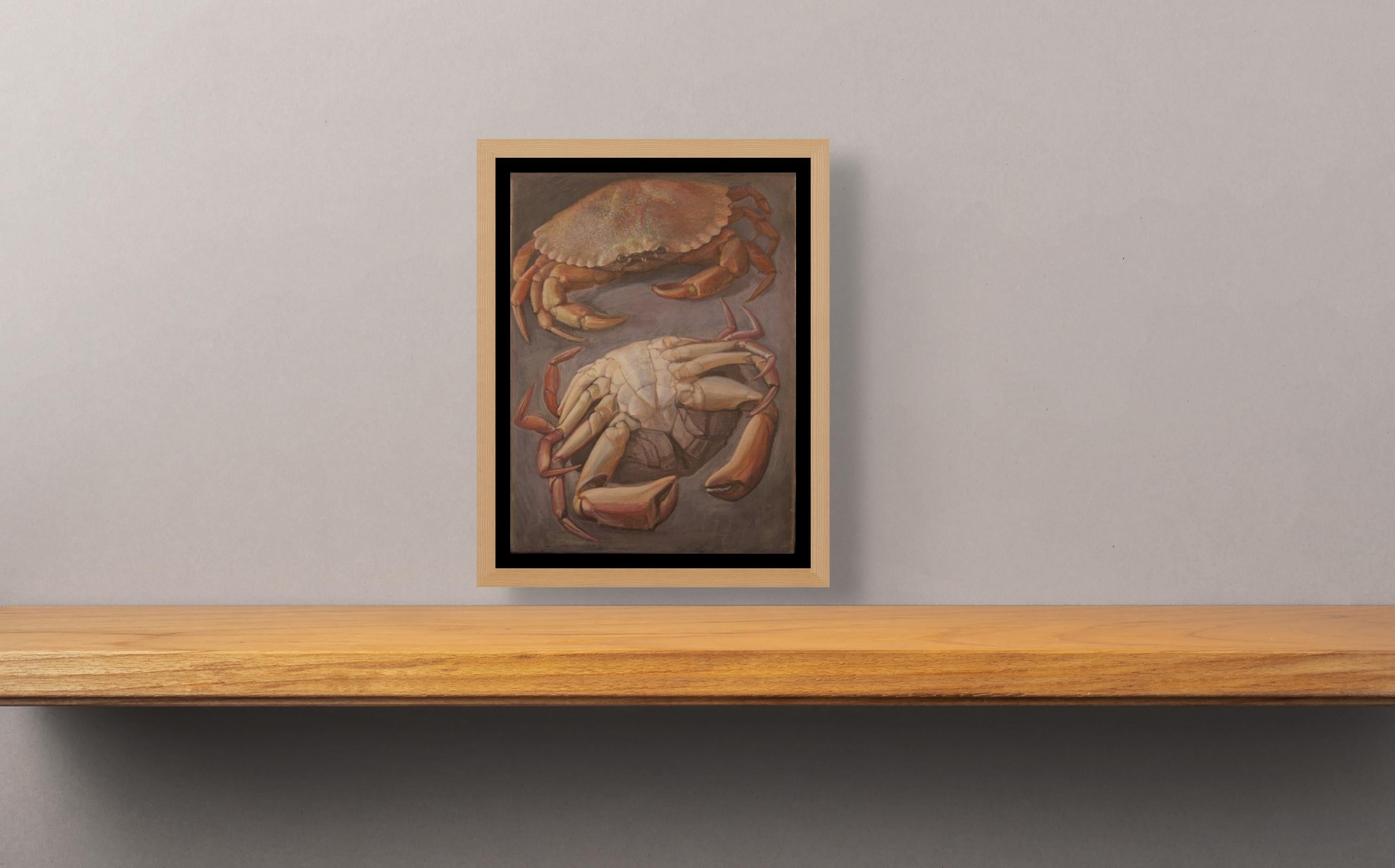 Cangrejos de roca un bodegón con dos cangrejos sobre una mesa - Animal Painting Marrón de Douglas Safranek