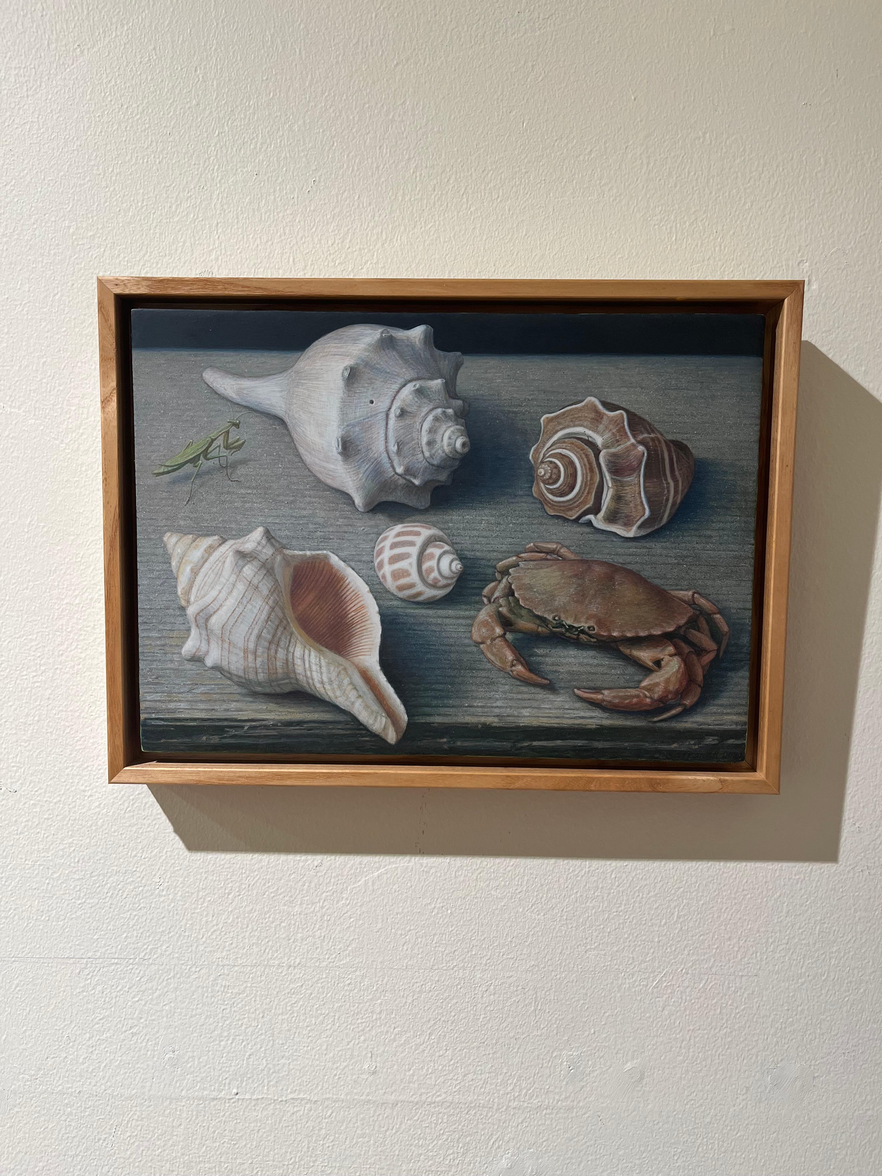 Toque de verde, pintura surrealista de naturaleza muerta al temple de huevo sobre tabla en venta 2