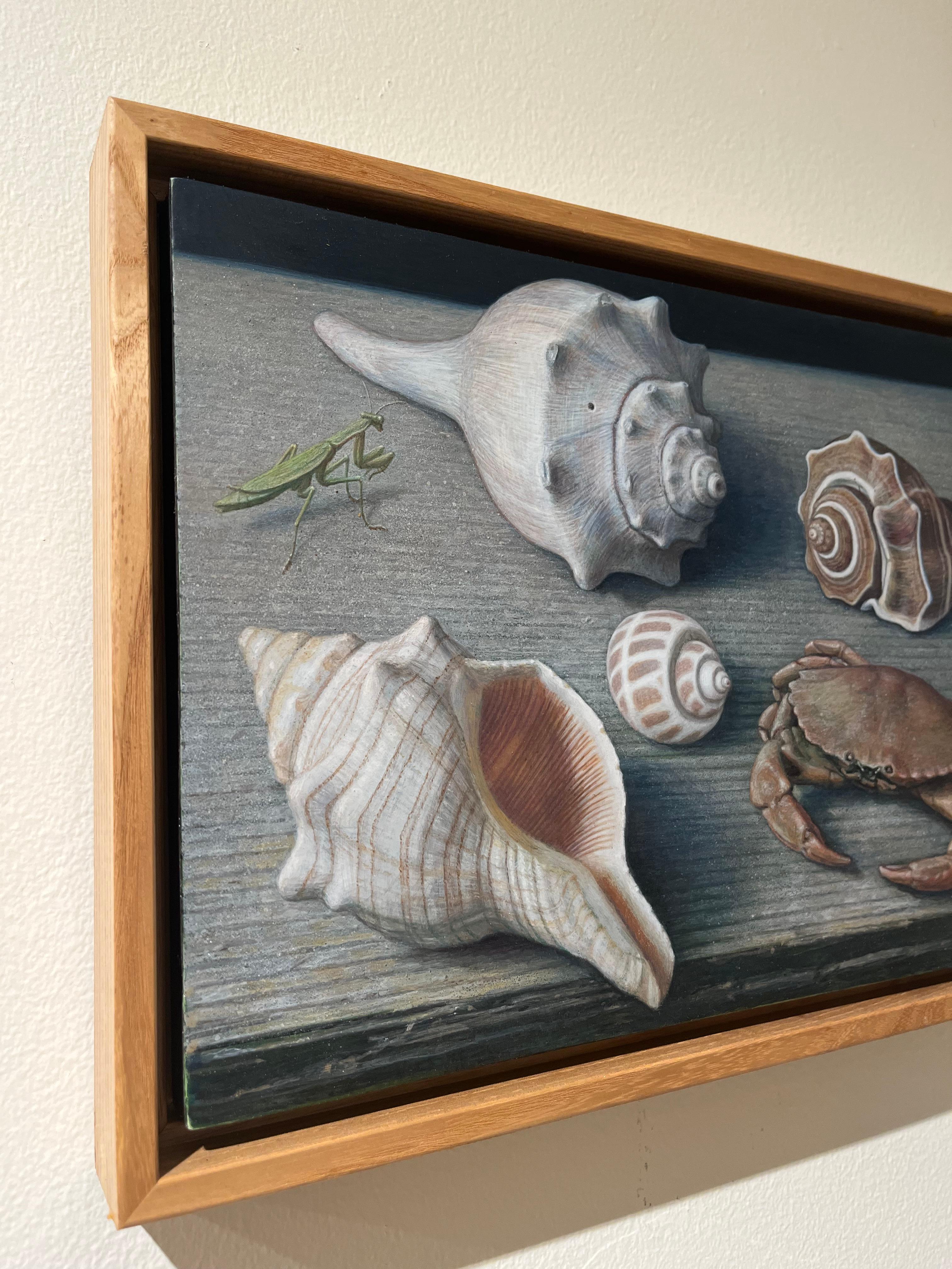 Toque de verde, pintura surrealista de naturaleza muerta al temple de huevo sobre tabla en venta 3