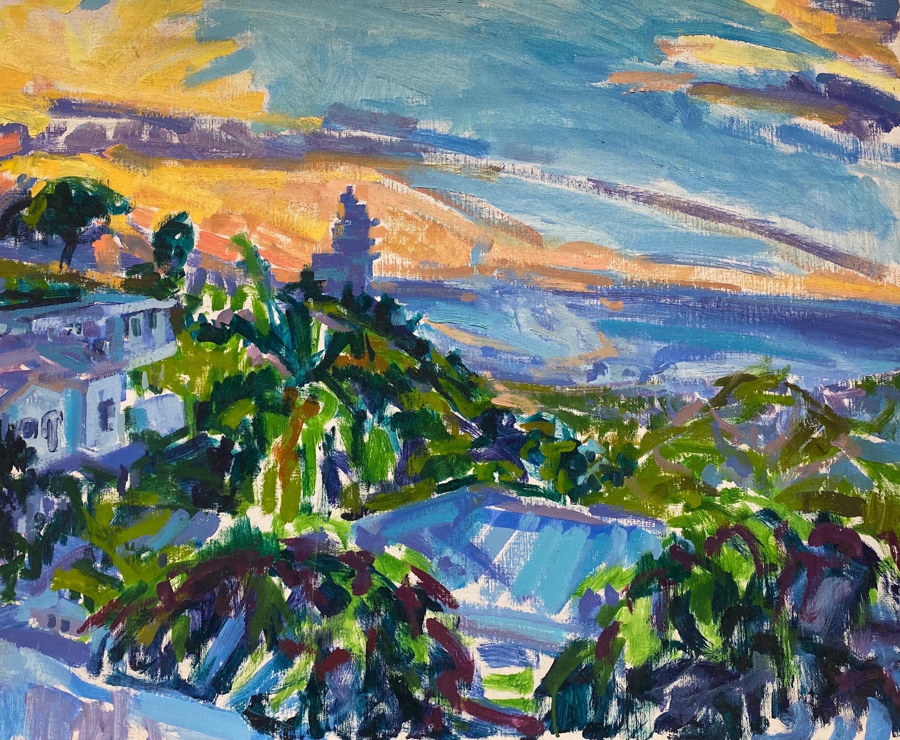 Douglas Stuart Allen Abstract Painting – Douglas Allen Impressionistisches Ölgemälde -  Tranquil Sonnenuntergang über der Stadt
