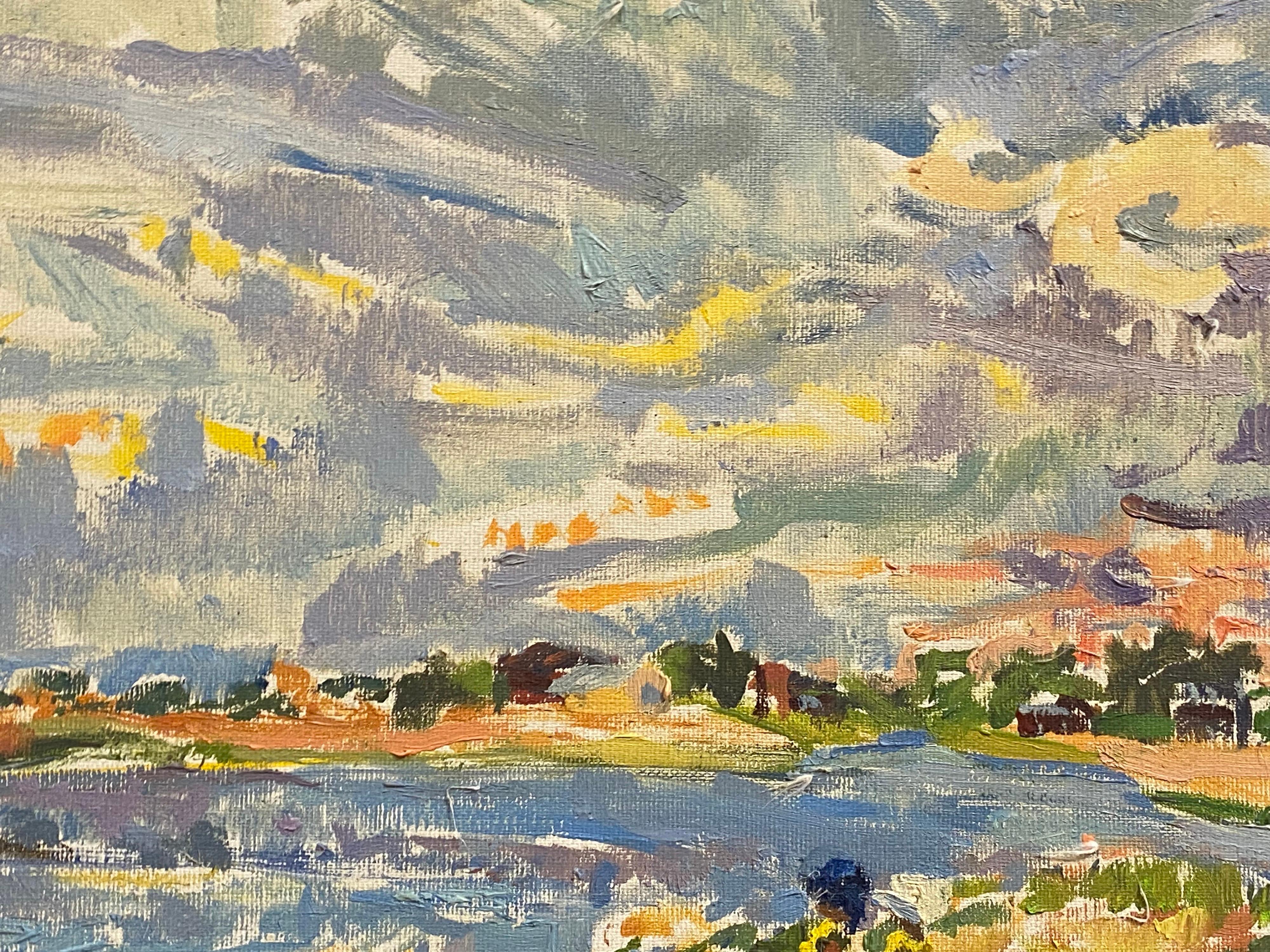  Impressionist Oil Painting - Blue Tranquil Lake Landscape - Beige Abstract Painting by Douglas Stuart Allen