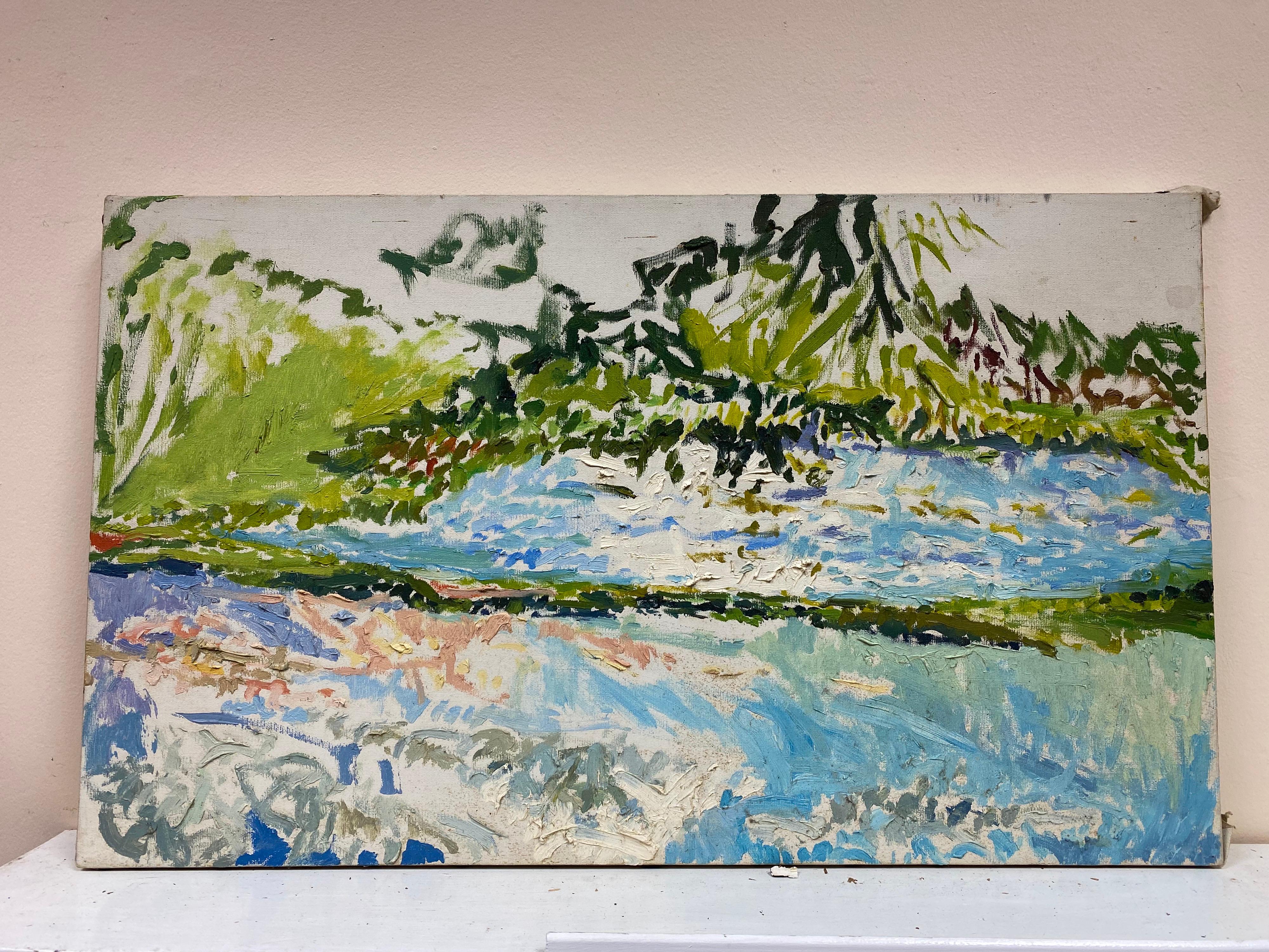Peinture à l'huile impressionniste - paysage vert et bleu - Painting de Douglas Stuart Allen