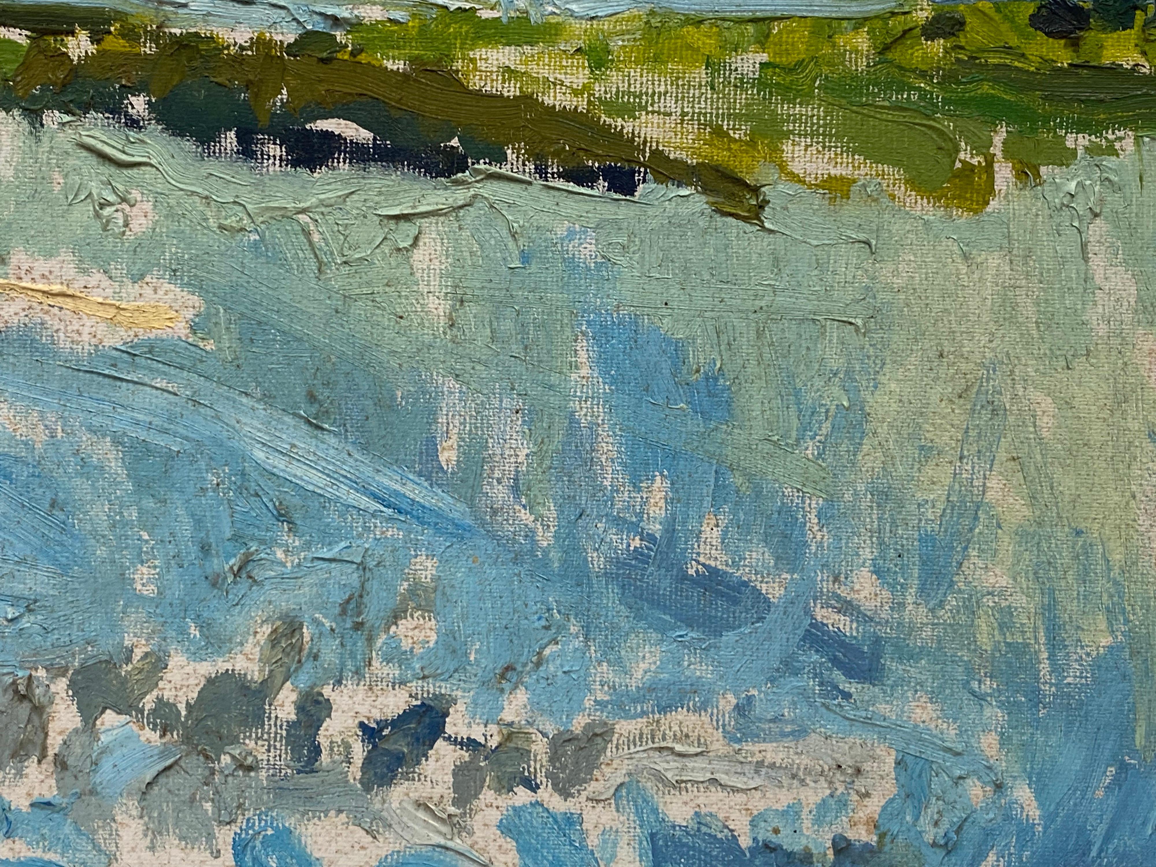 Peinture à l'huile impressionniste - paysage vert et bleu - Gris Abstract Painting par Douglas Stuart Allen