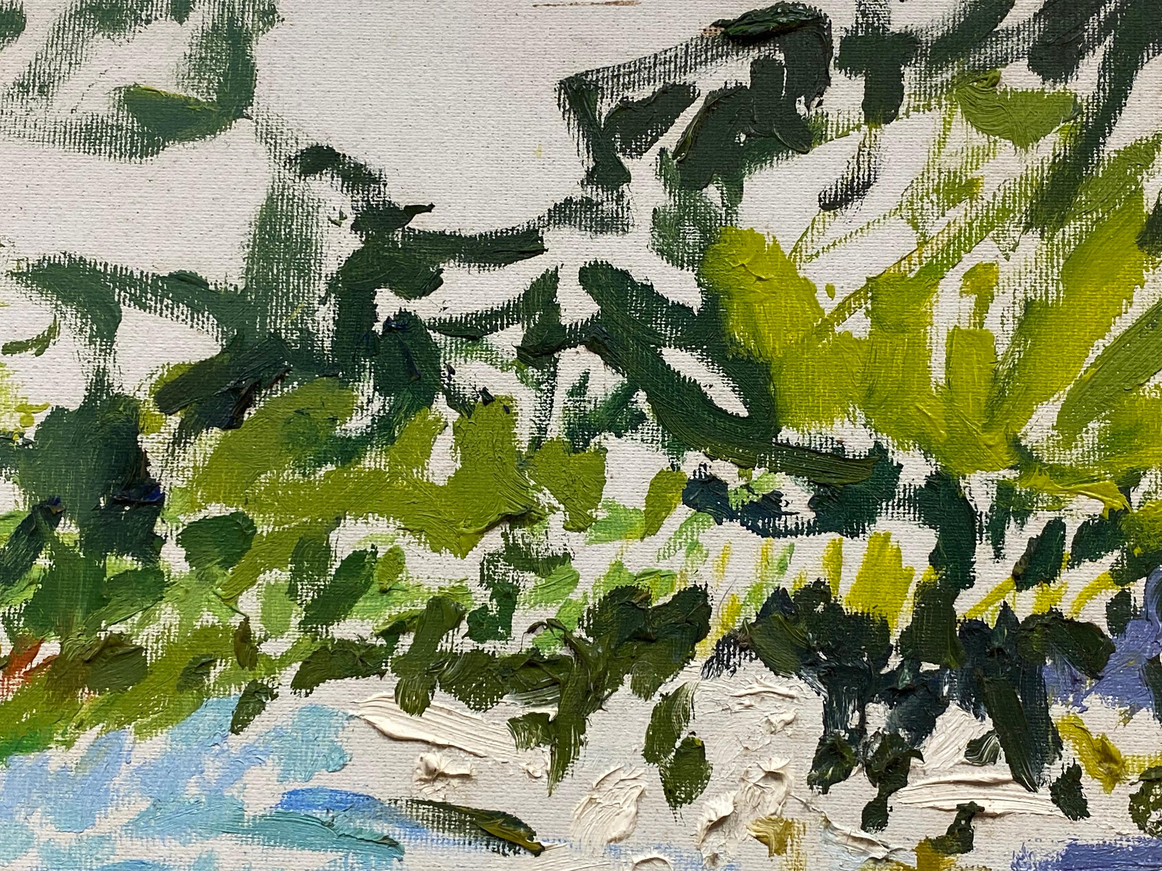 Peinture à l'huile impressionniste - paysage vert et bleu en vente 1