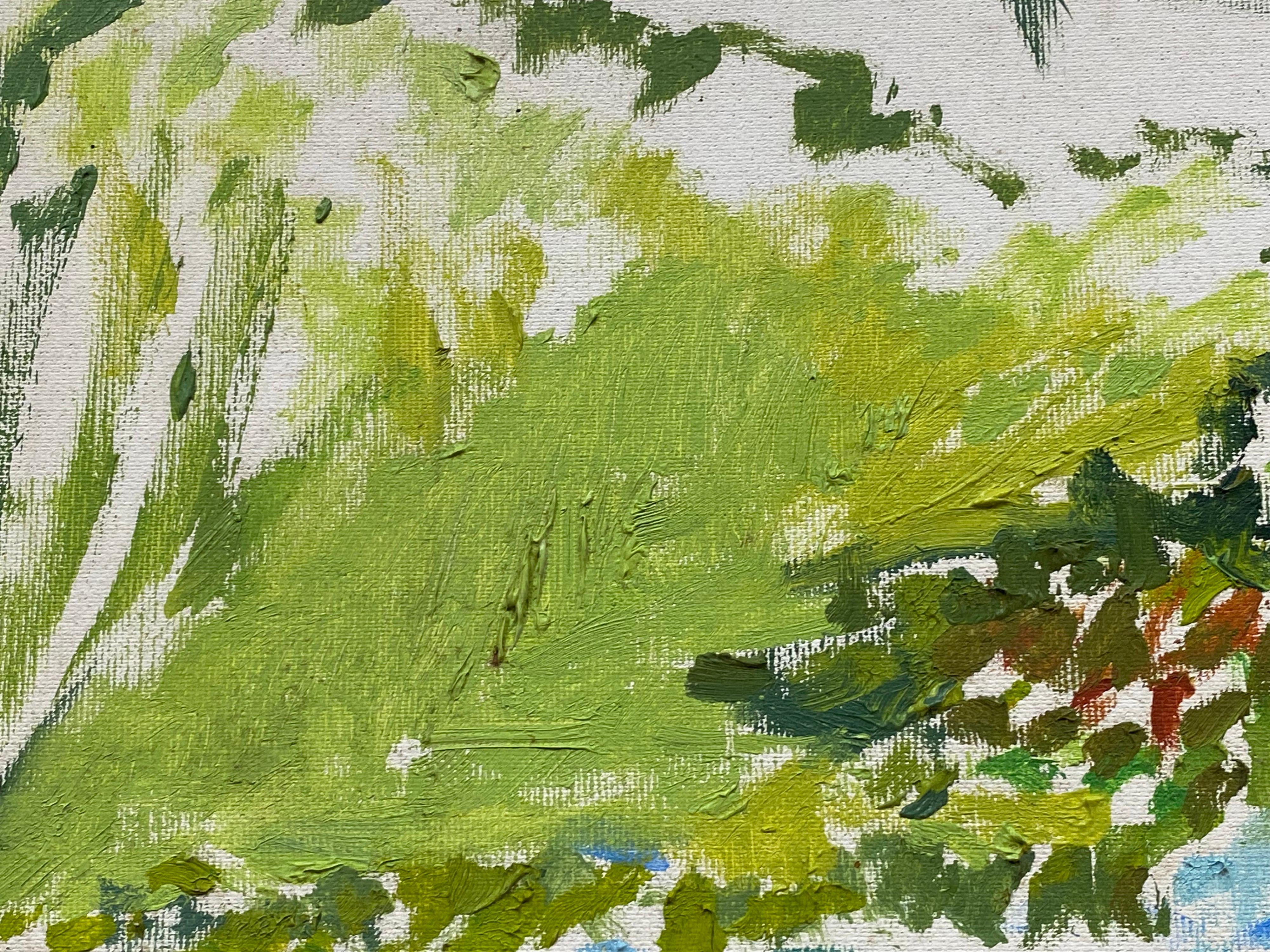Peinture à l'huile impressionniste - paysage vert et bleu en vente 2