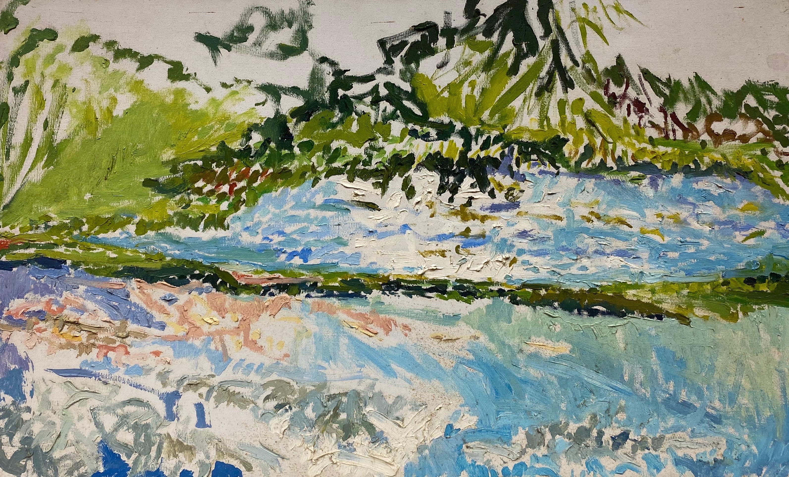 Abstract Painting Douglas Stuart Allen - Peinture à l'huile impressionniste - paysage vert et bleu