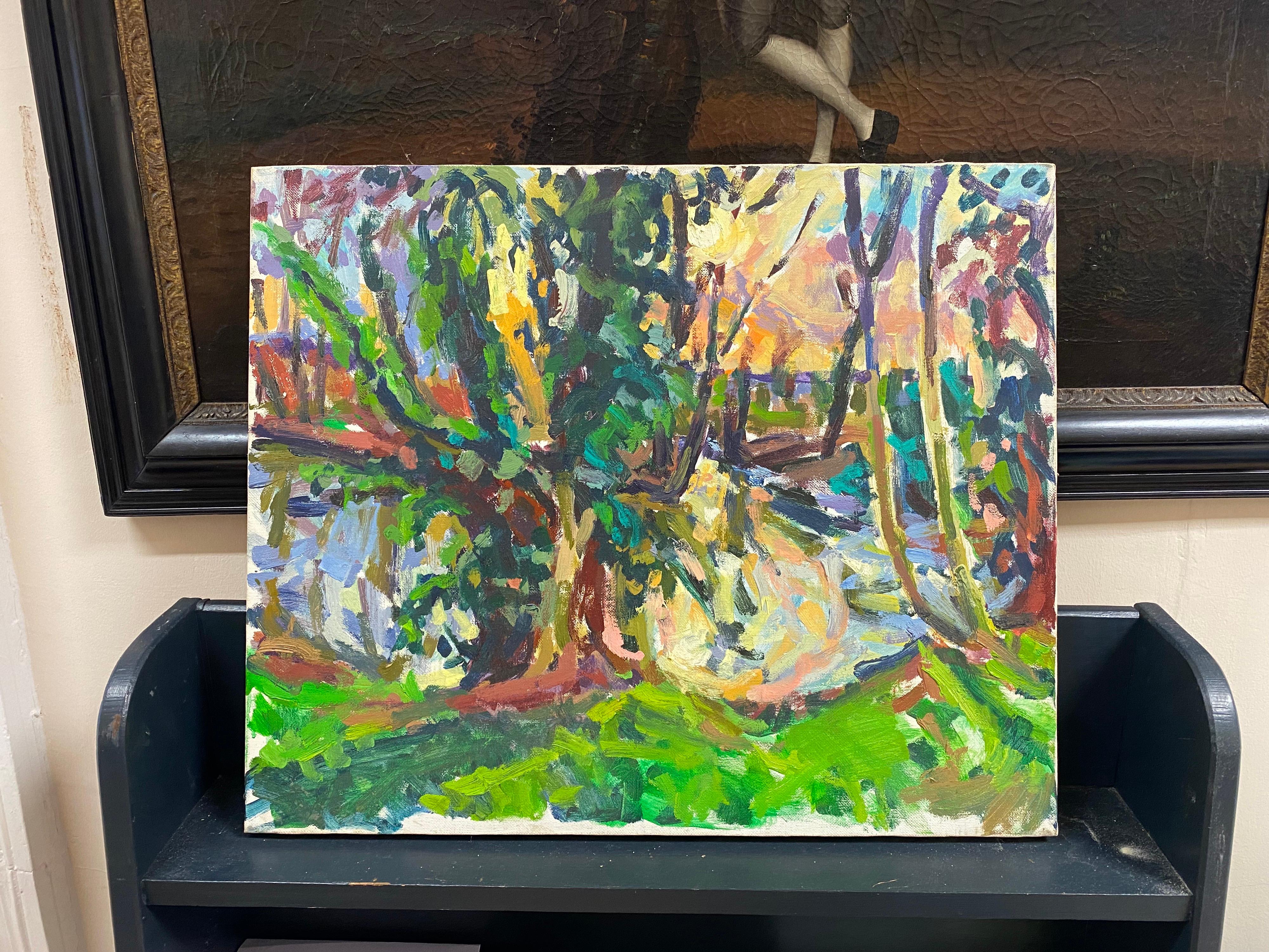 Impressionistisches Ölgemälde – Leuchtend leuchtende Szene im Wald – Painting von Douglas Stuart Allen