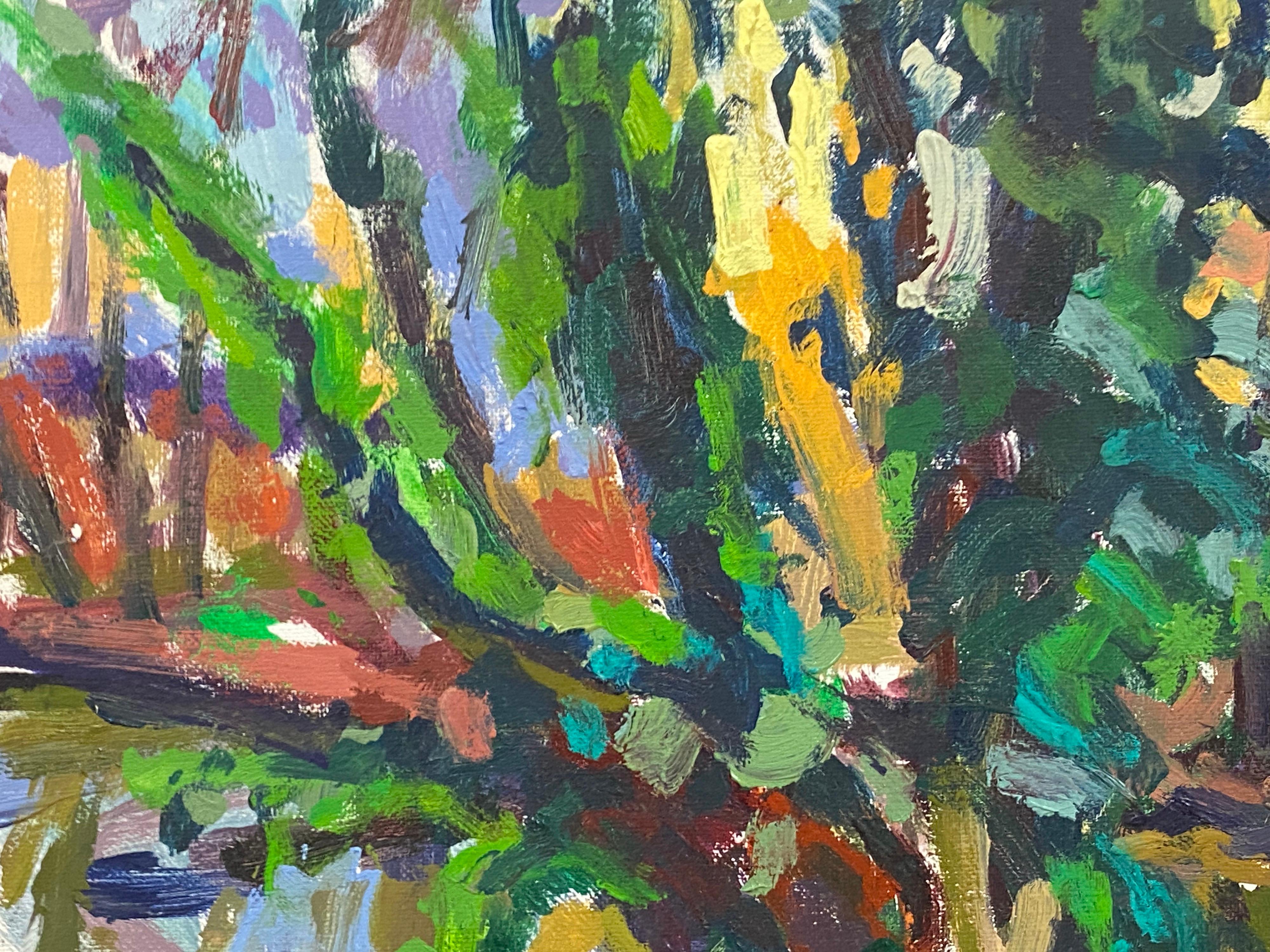 Peinture à l'huile impressionniste - Scène vibrante à travers le bois - Impressionnisme Painting par Douglas Stuart Allen