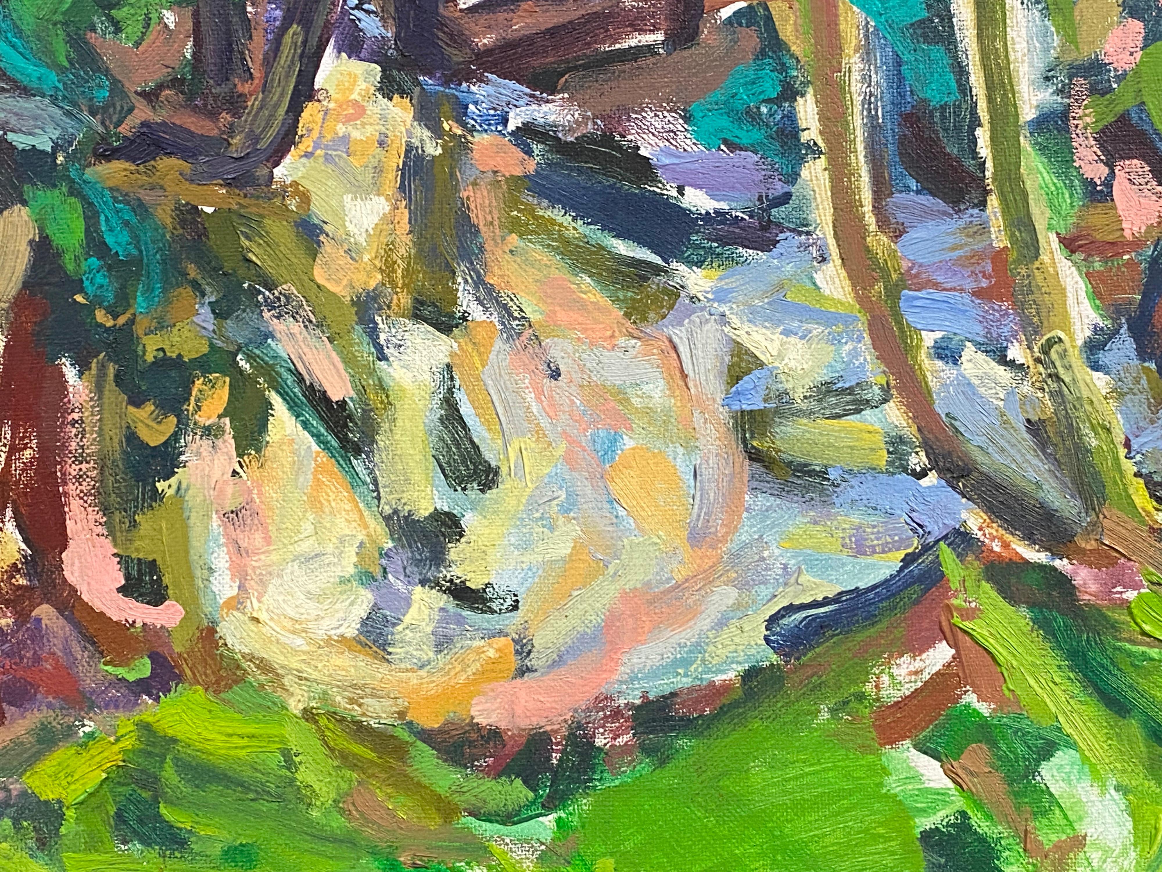 Impressionistisches Ölgemälde – Leuchtend leuchtende Szene im Wald im Angebot 1