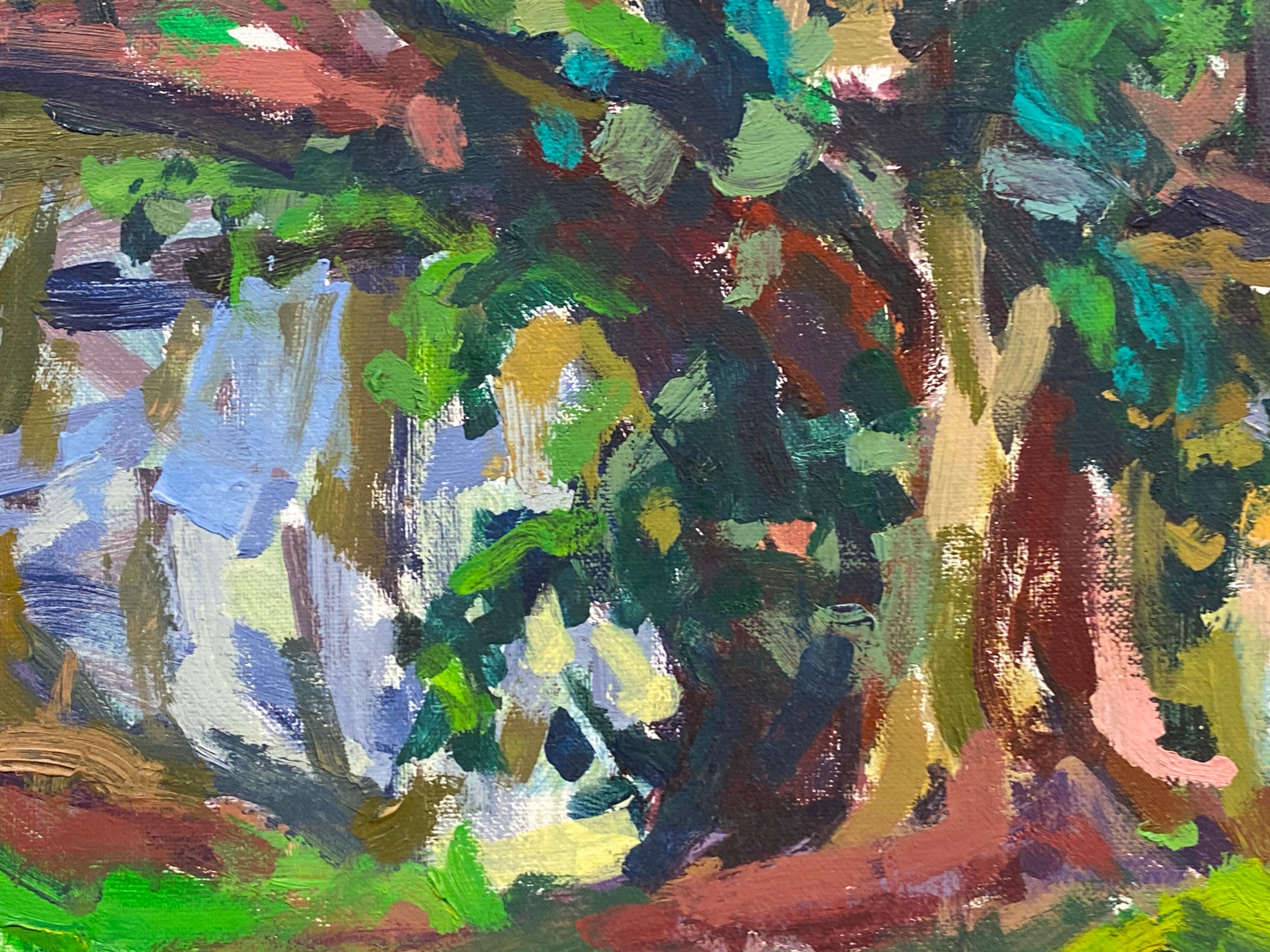 Peinture à l'huile impressionniste - Scène vibrante à travers le bois en vente 2