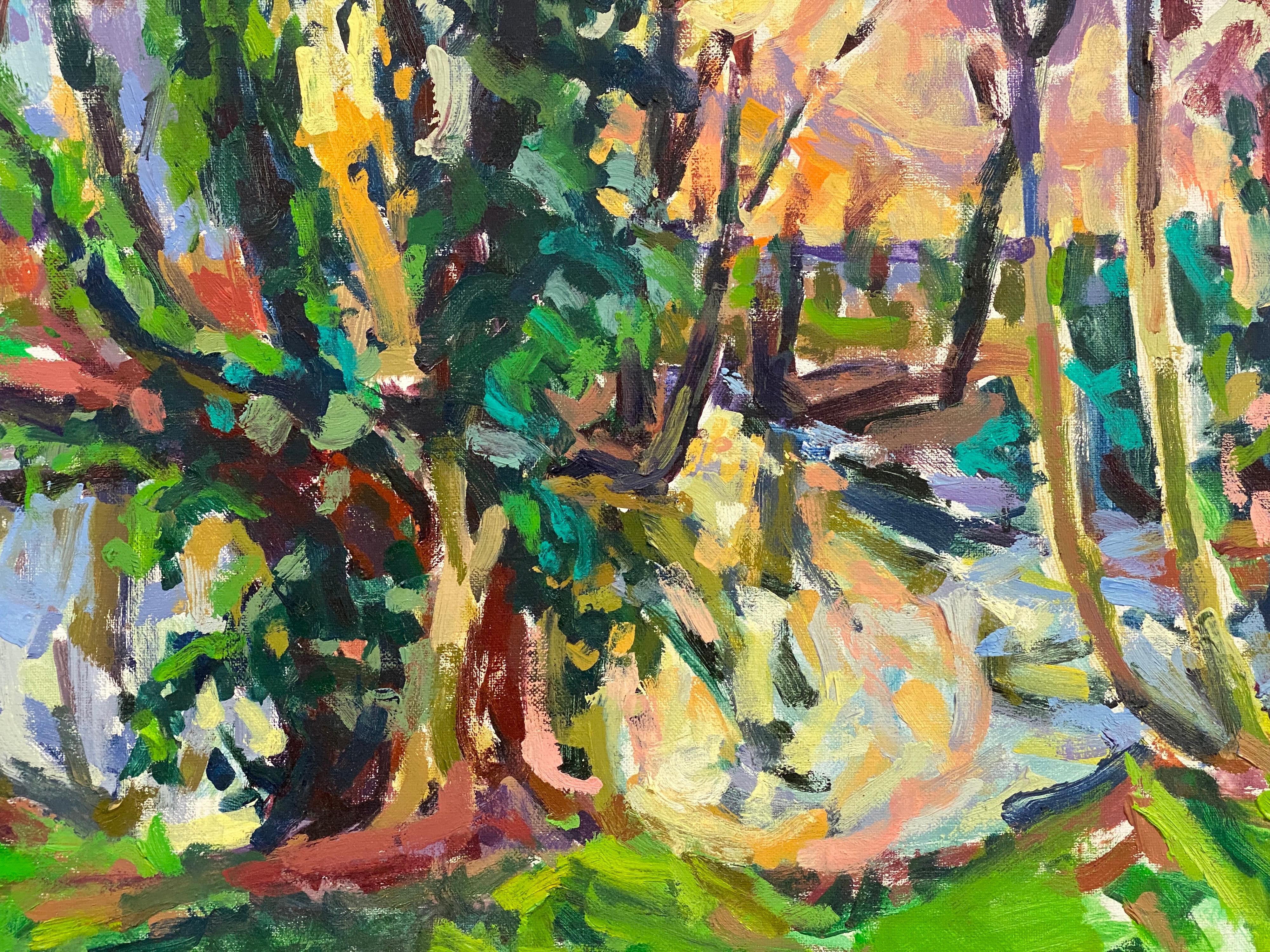 Douglas Stuart Allen Abstract Painting - Impressionist Oil Painting - Vibrant Scene Through The Woodland