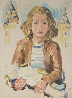 Large 20th Century Impressionist Oil Portrait of Girl holding a Doll