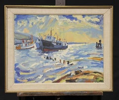 Large Chicago Impressionist Oil Painting Fishing Boats Choppy Seas Harbour