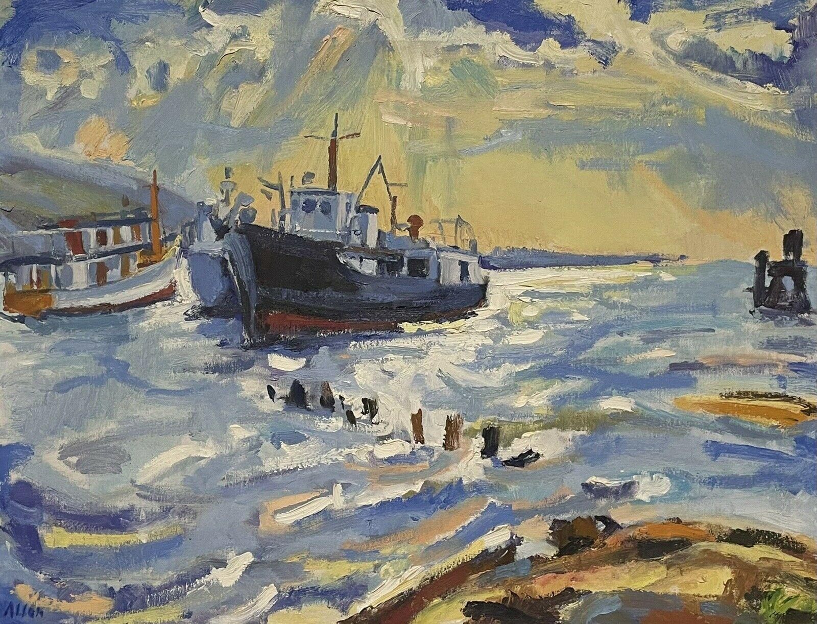 Douglas Stuart Allen Figurative Painting - Large Chicago Impressionist Oil Painting Fishing Boats Choppy Seas Harbour