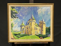 Large French Impressionist Oil Huge Old Chateau Building in Parkland