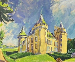 Grande peinture à l'huile impressionniste française d'un grand château ancien dans un parc