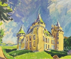 Olio impressionista francese di grandi dimensioni Antico edificio di un castello nel parco