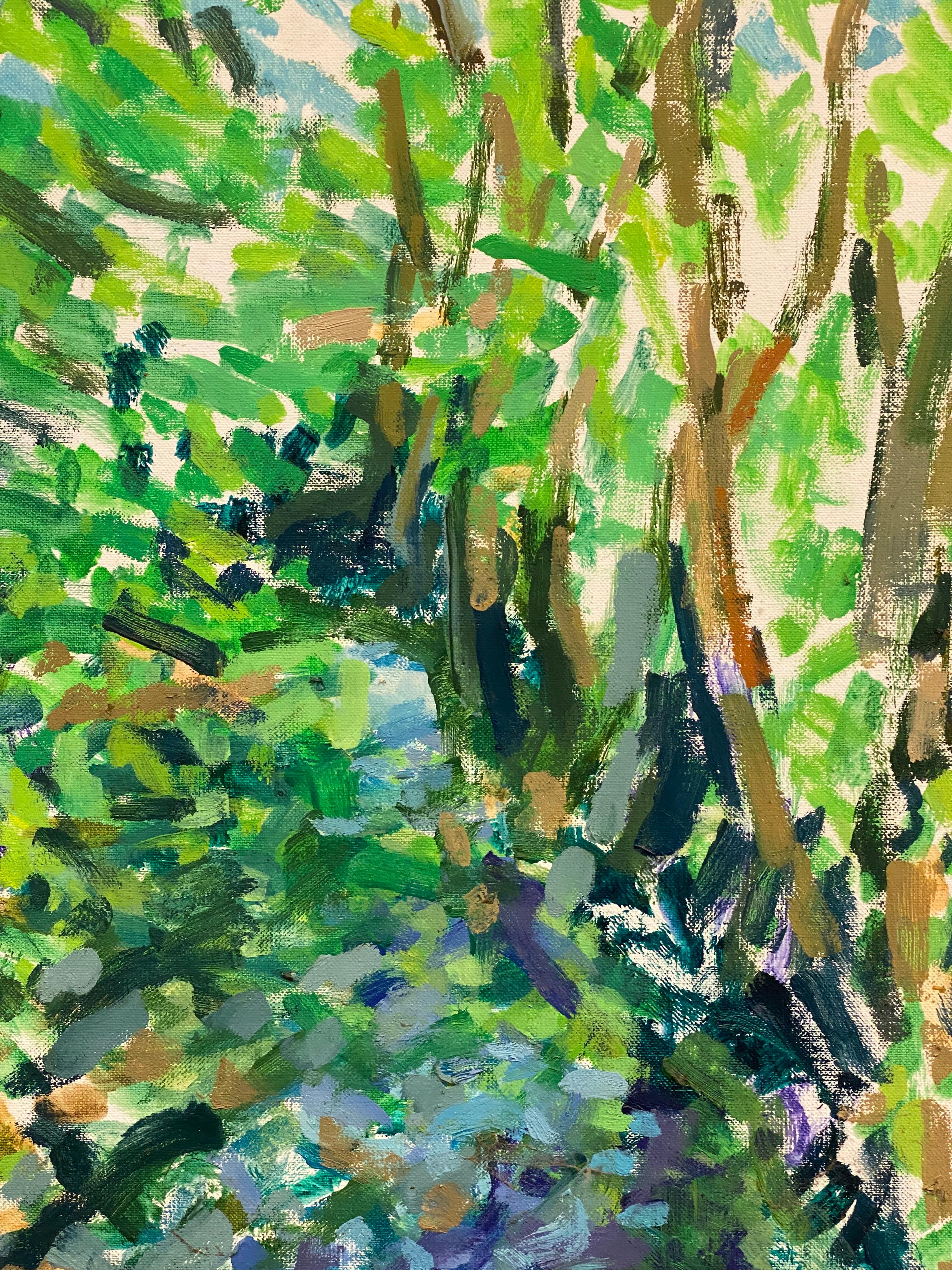 Großes französisches impressionistisches Ölgemälde – üppige grüne Wald- Flusss-Szene, Öl – Painting von Douglas Stuart Allen