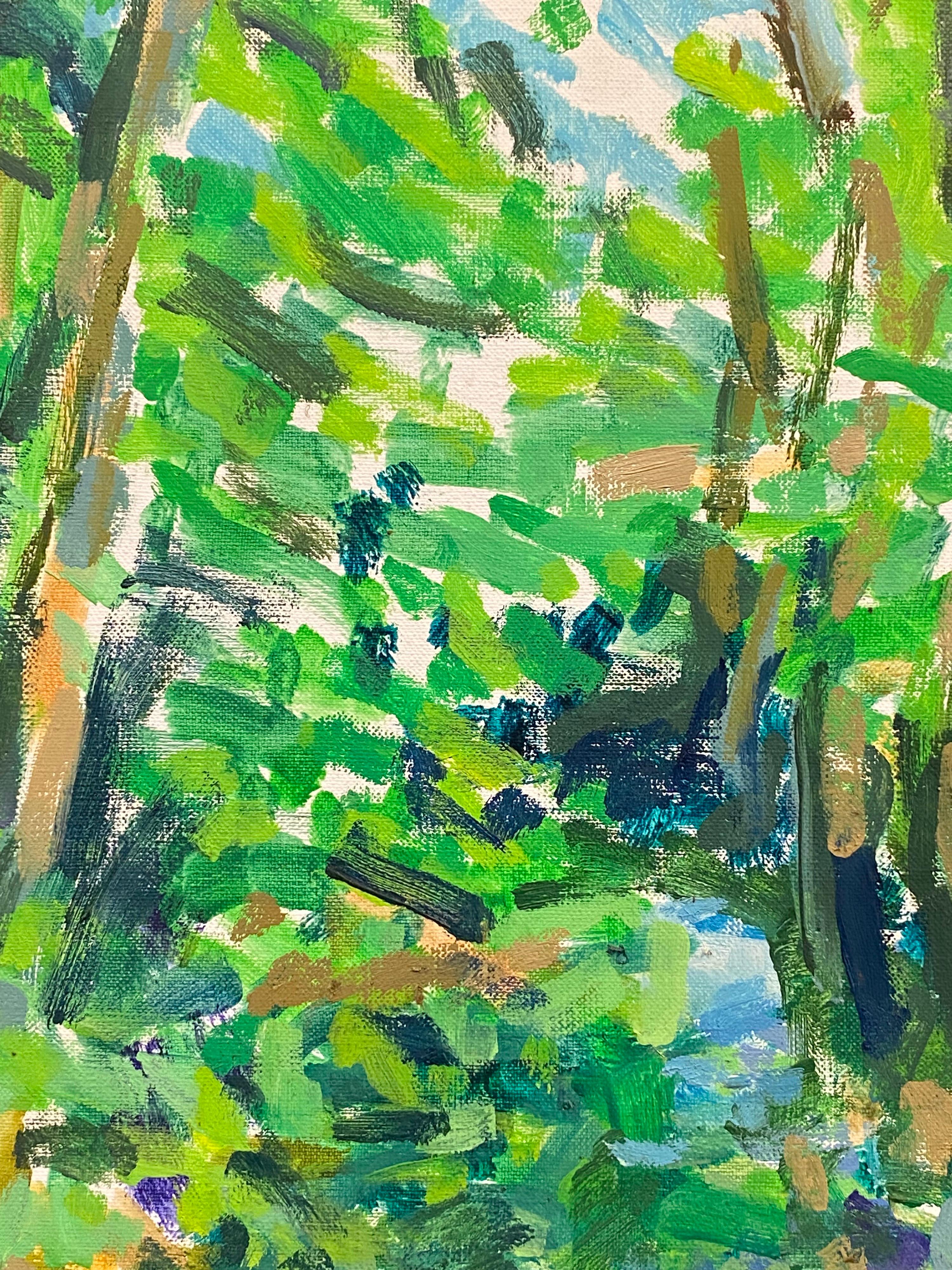Großes französisches impressionistisches Ölgemälde – üppige grüne Wald- Flusss-Szene, Öl (Impressionismus), Painting, von Douglas Stuart Allen