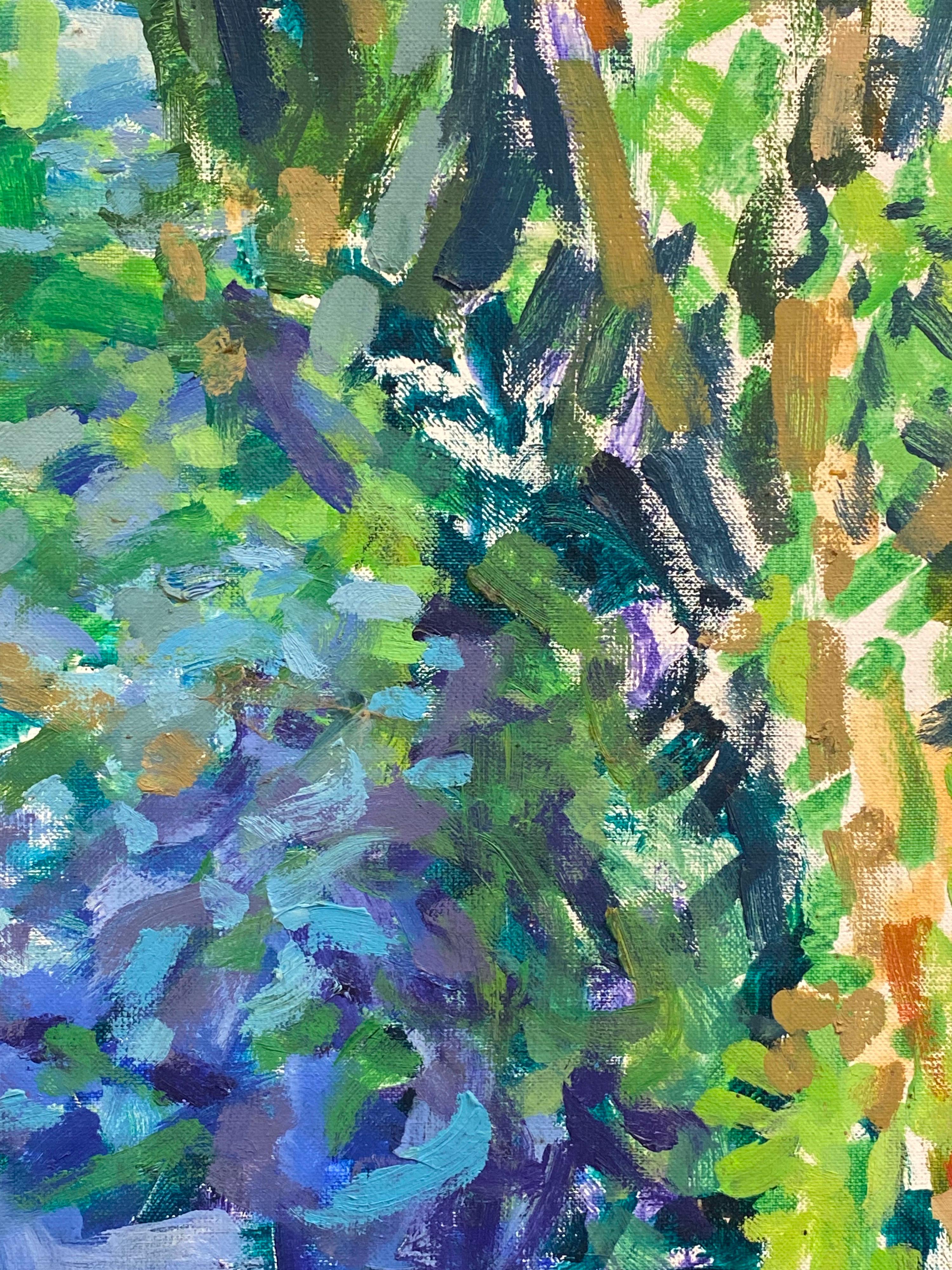 Großes französisches impressionistisches Ölgemälde – üppige grüne Wald- Flusss-Szene, Öl (Grün), Abstract Painting, von Douglas Stuart Allen