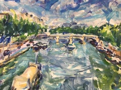 Paris in the Summer, Large French Impressionist Oil River Seine Landscape