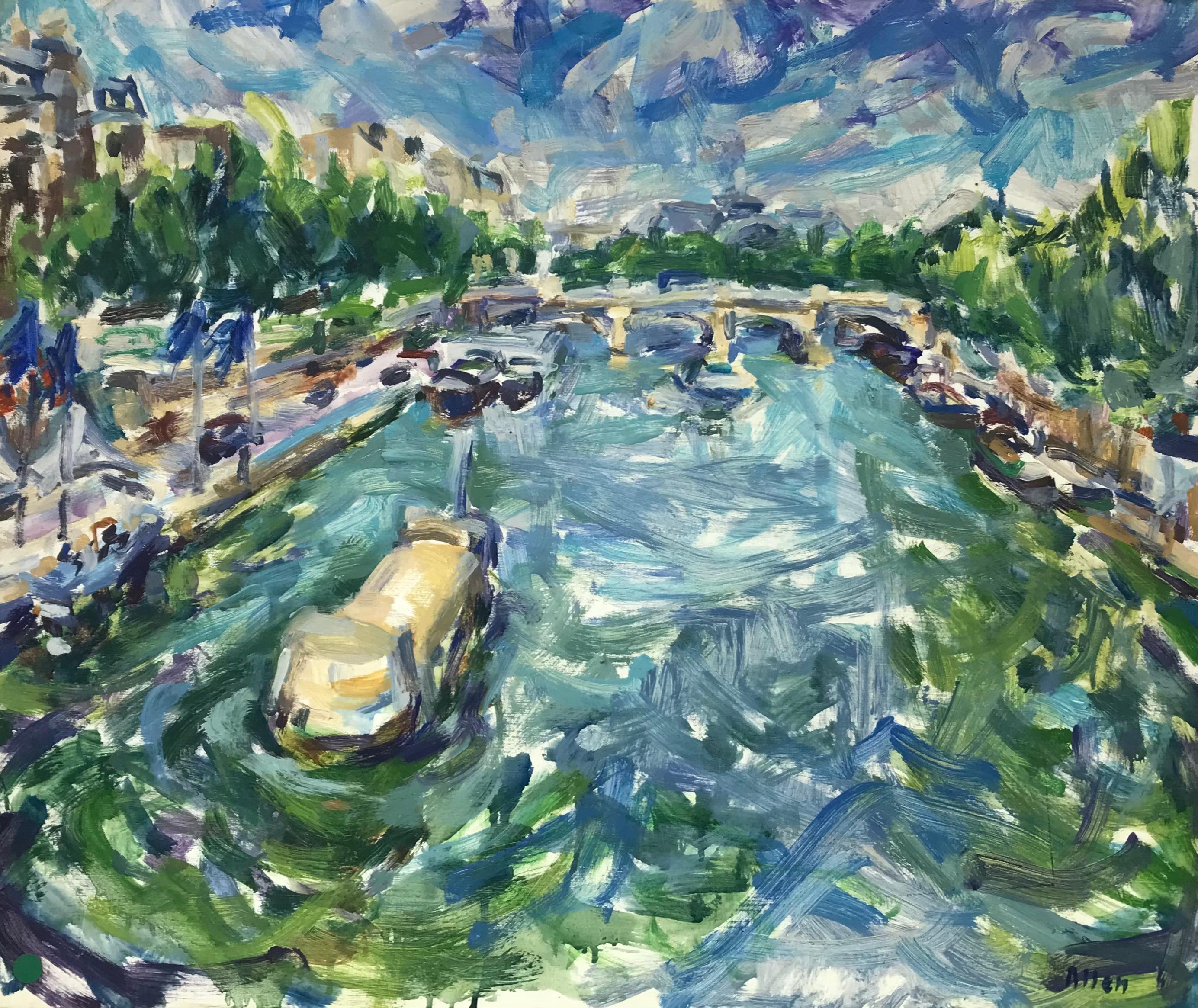 Paris in the Summer, Large French Impressionist Oil River Seine Landscape